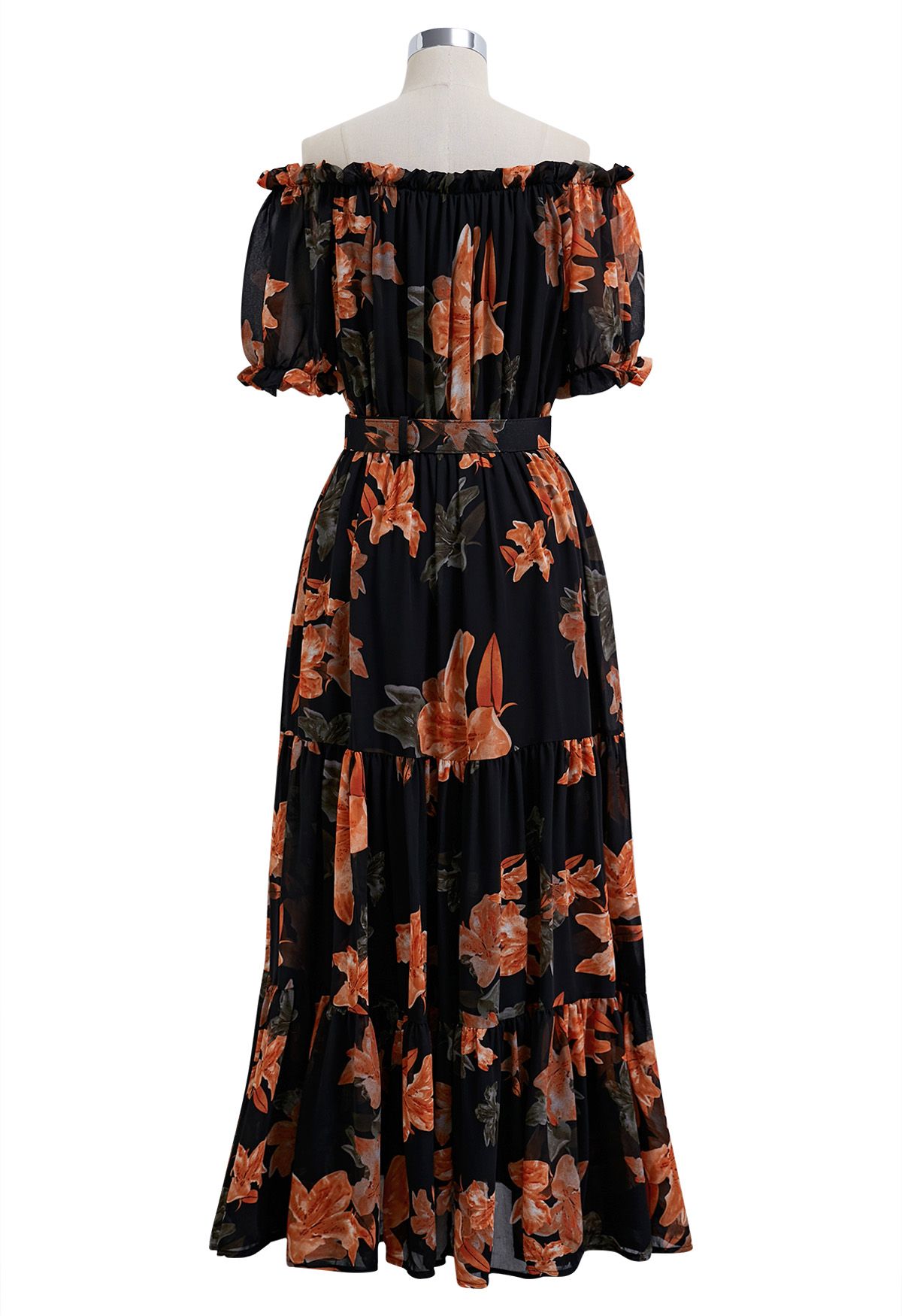 Robe midi imprimée en mousseline à épaules dénudées Lily en orange