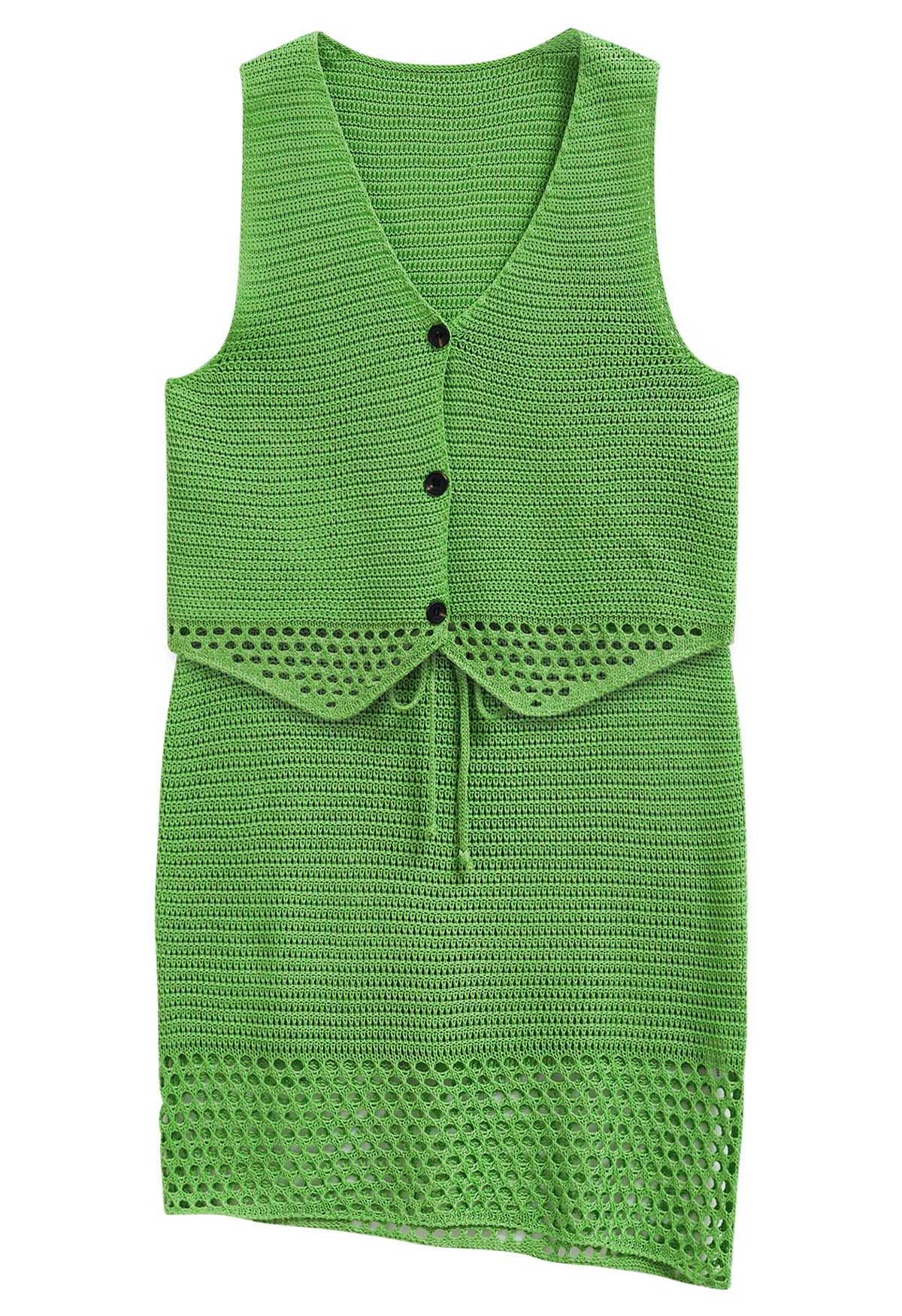 Ensemble gilet boutonné au crochet ajouré et jupe à cordon de serrage en vert