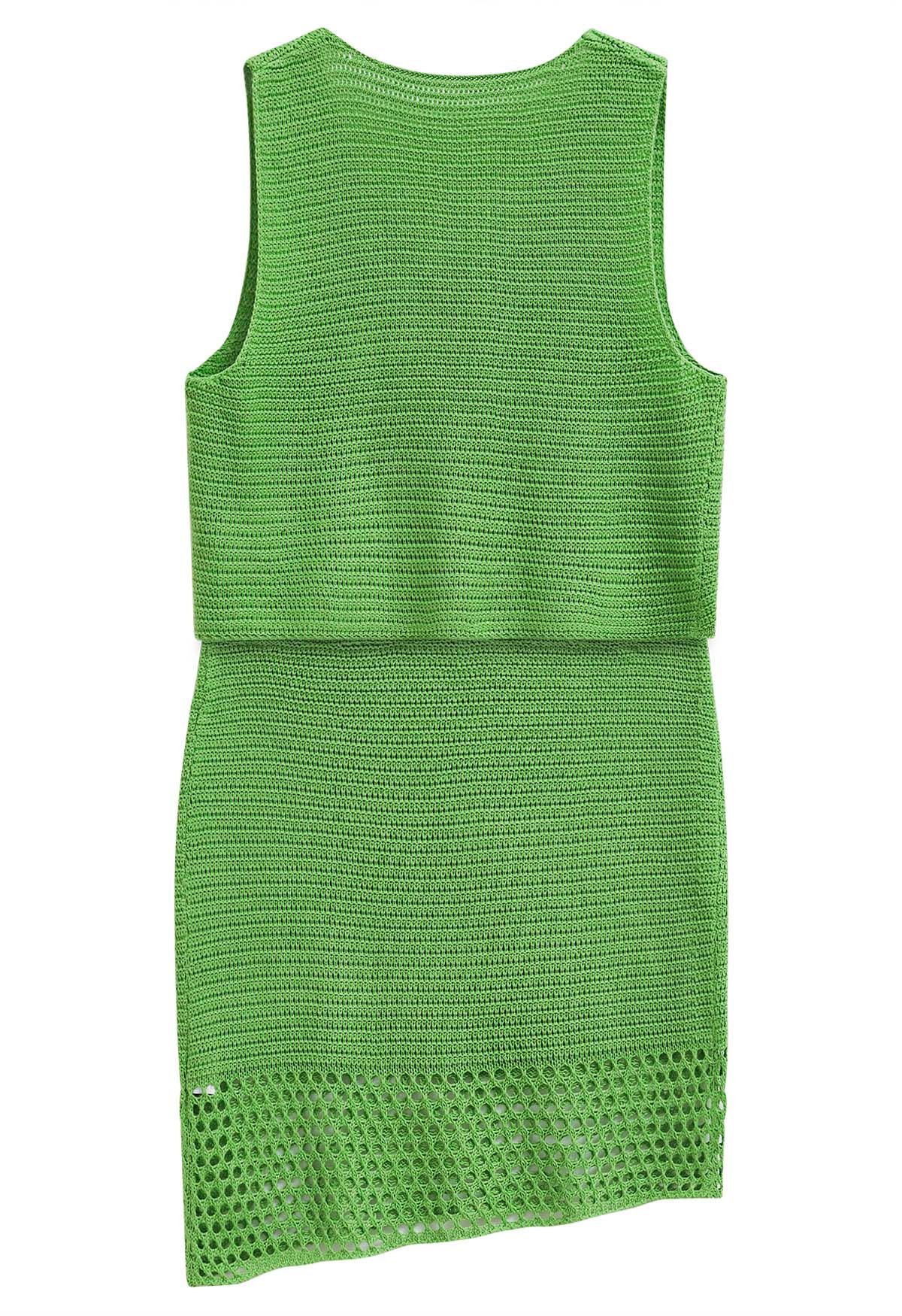 Ensemble gilet boutonné au crochet ajouré et jupe à cordon de serrage en vert