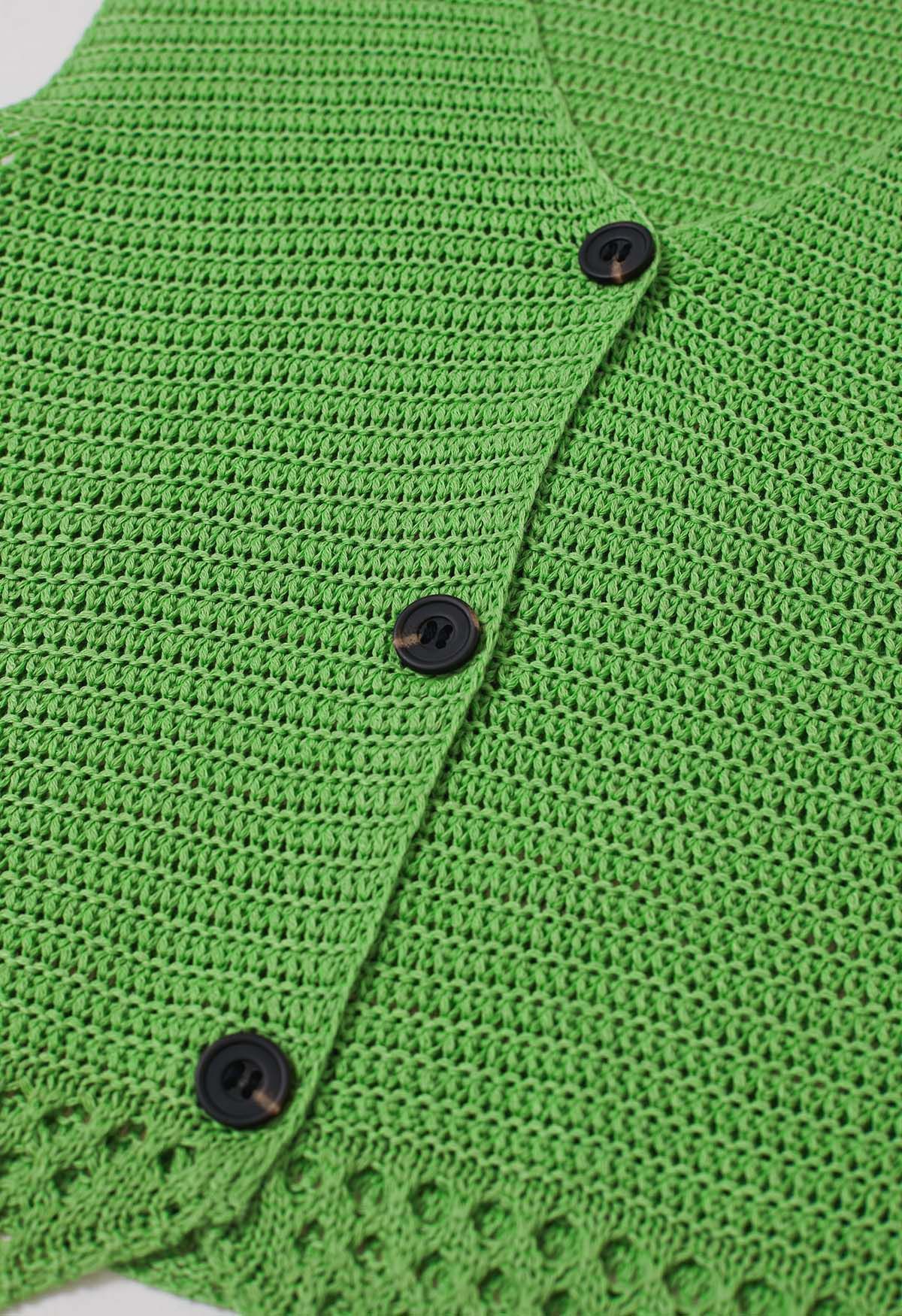 Ensemble gilet boutonné au crochet ajouré et jupe à cordon de serrage en vert