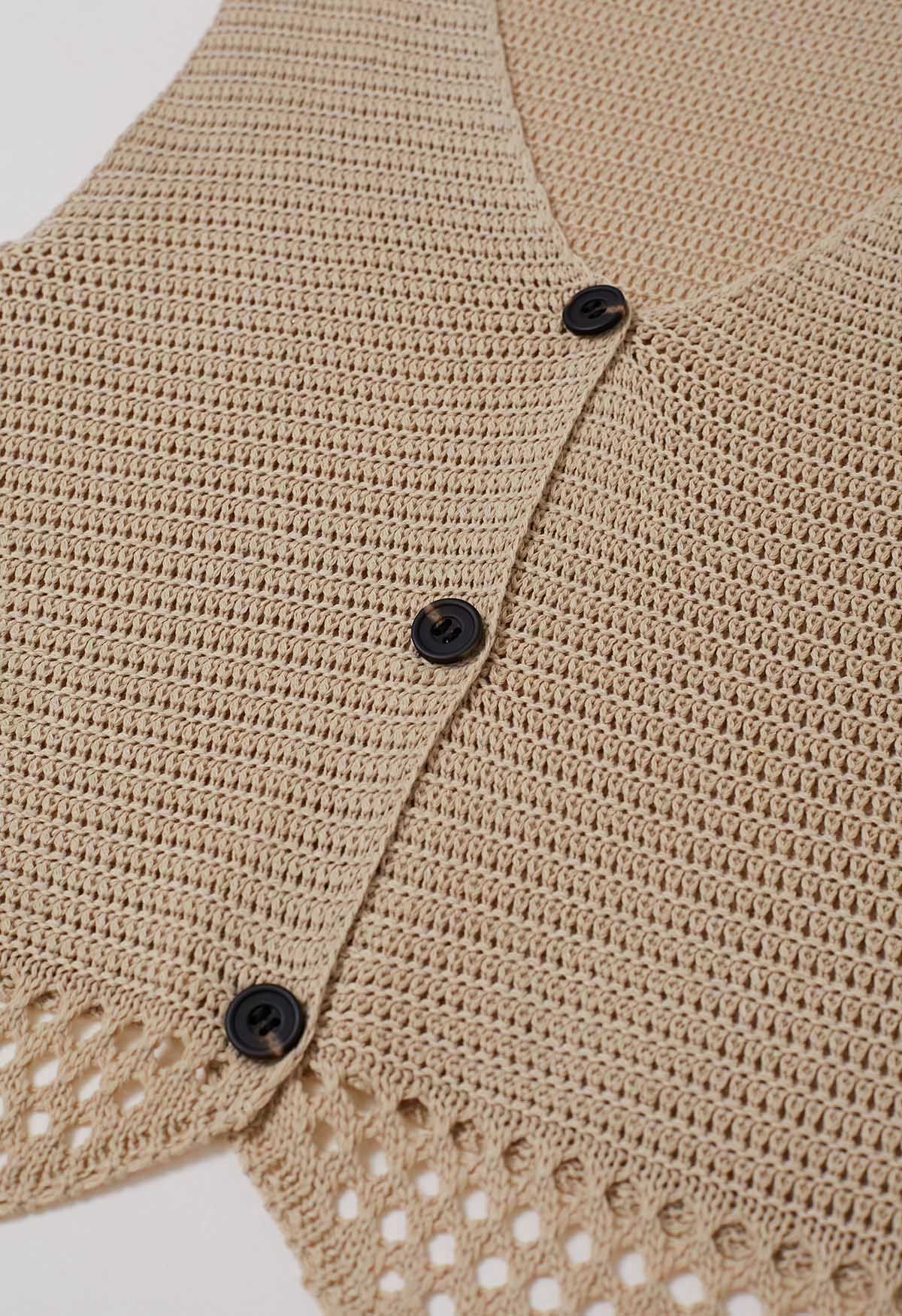 Ensemble gilet boutonné au crochet ajouré et jupe à cordon de serrage en camel