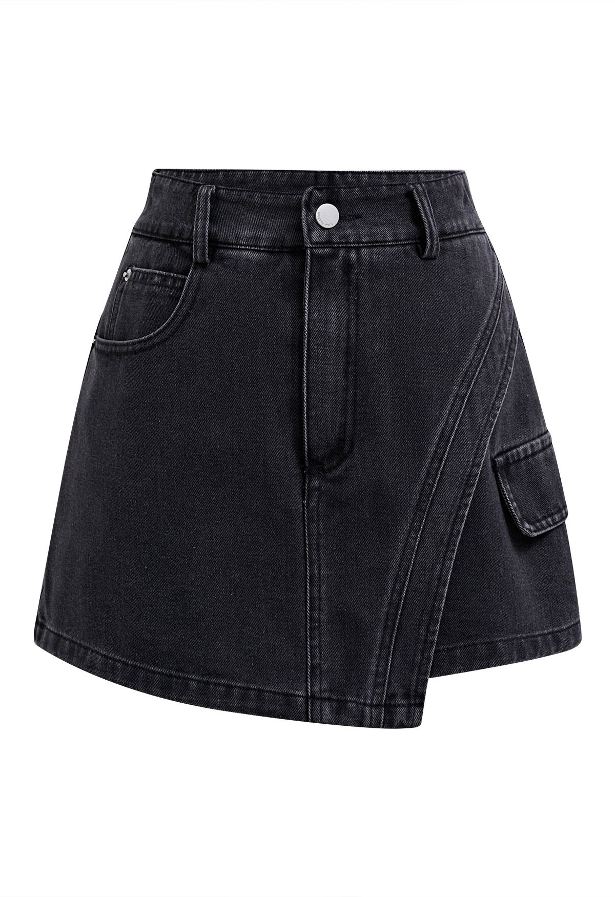 Jupe-short en jean à rabat et coutures incurvées, fumée