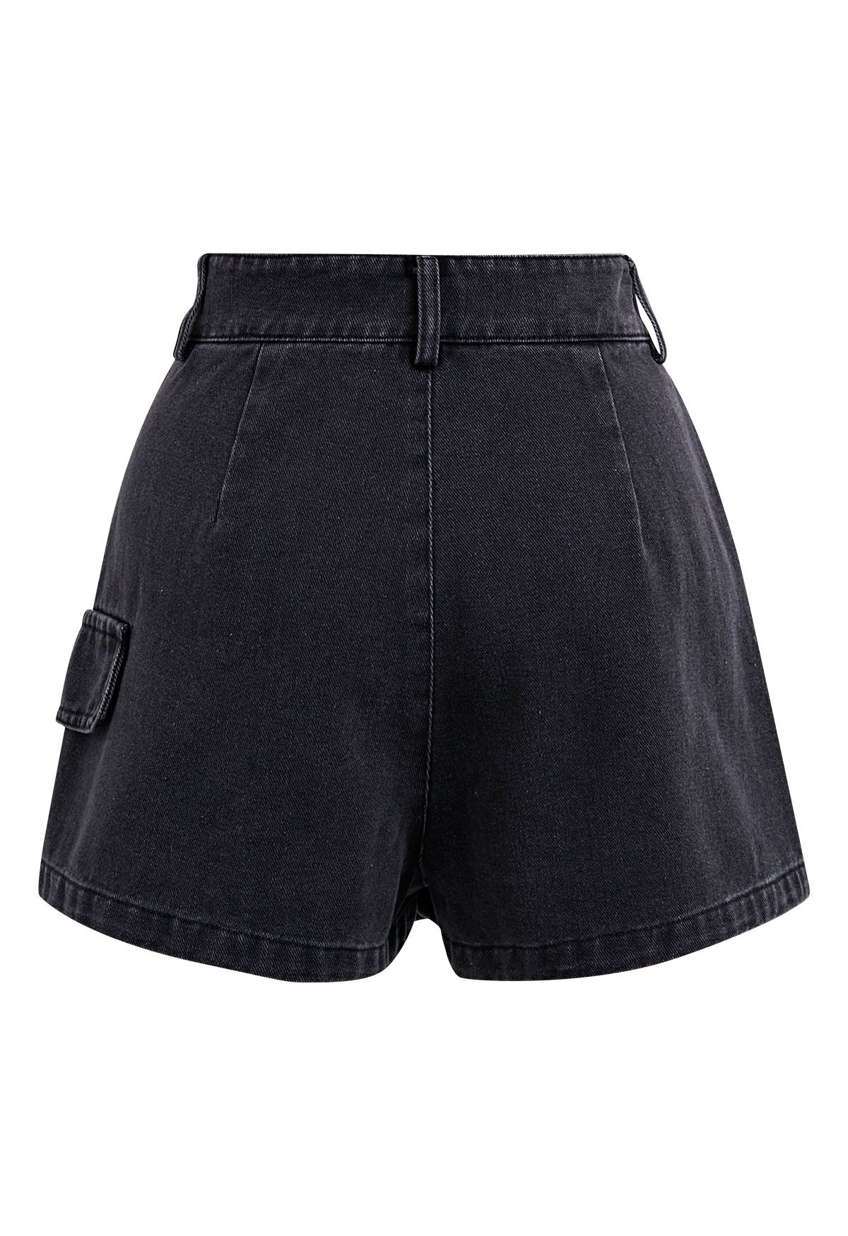 Jupe-short en jean à rabat et coutures incurvées, fumée