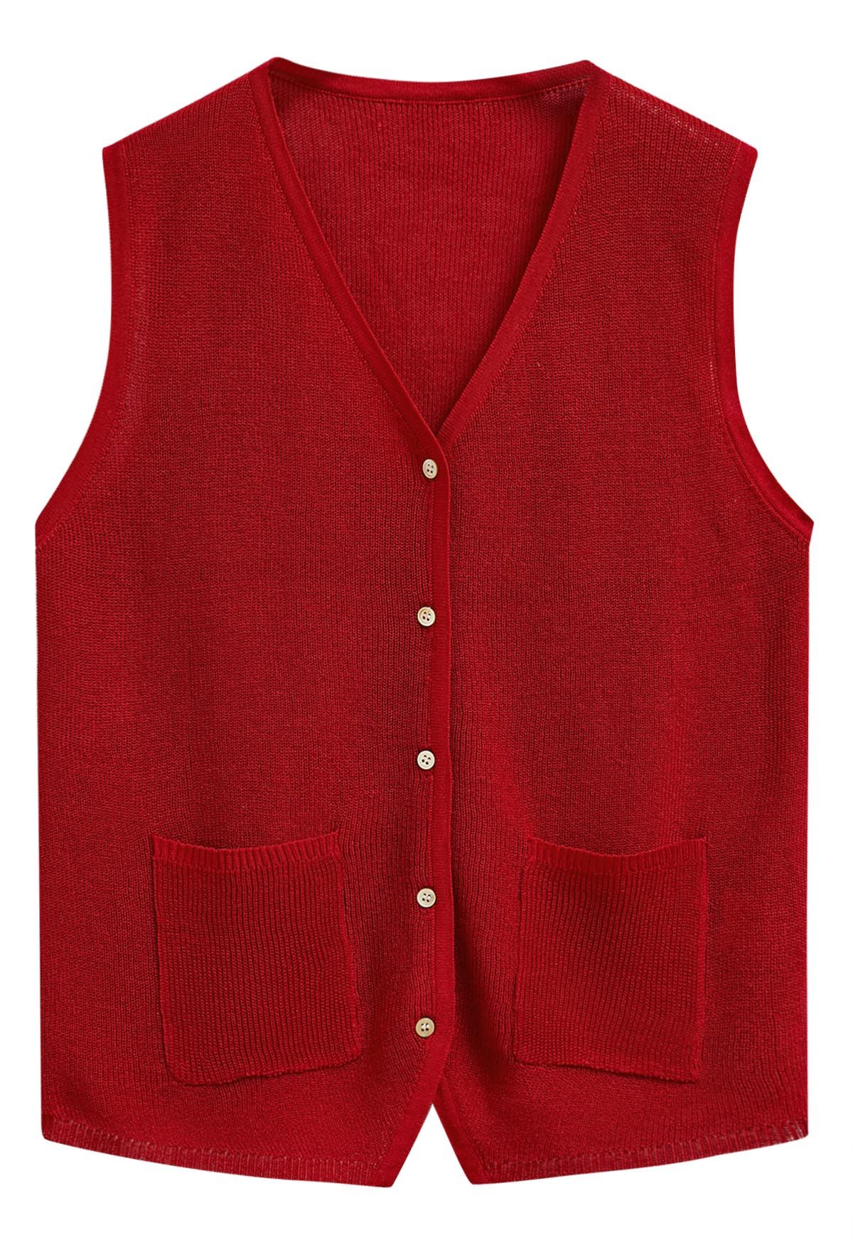 Gilet boutonné avec poche plaquée en rouge