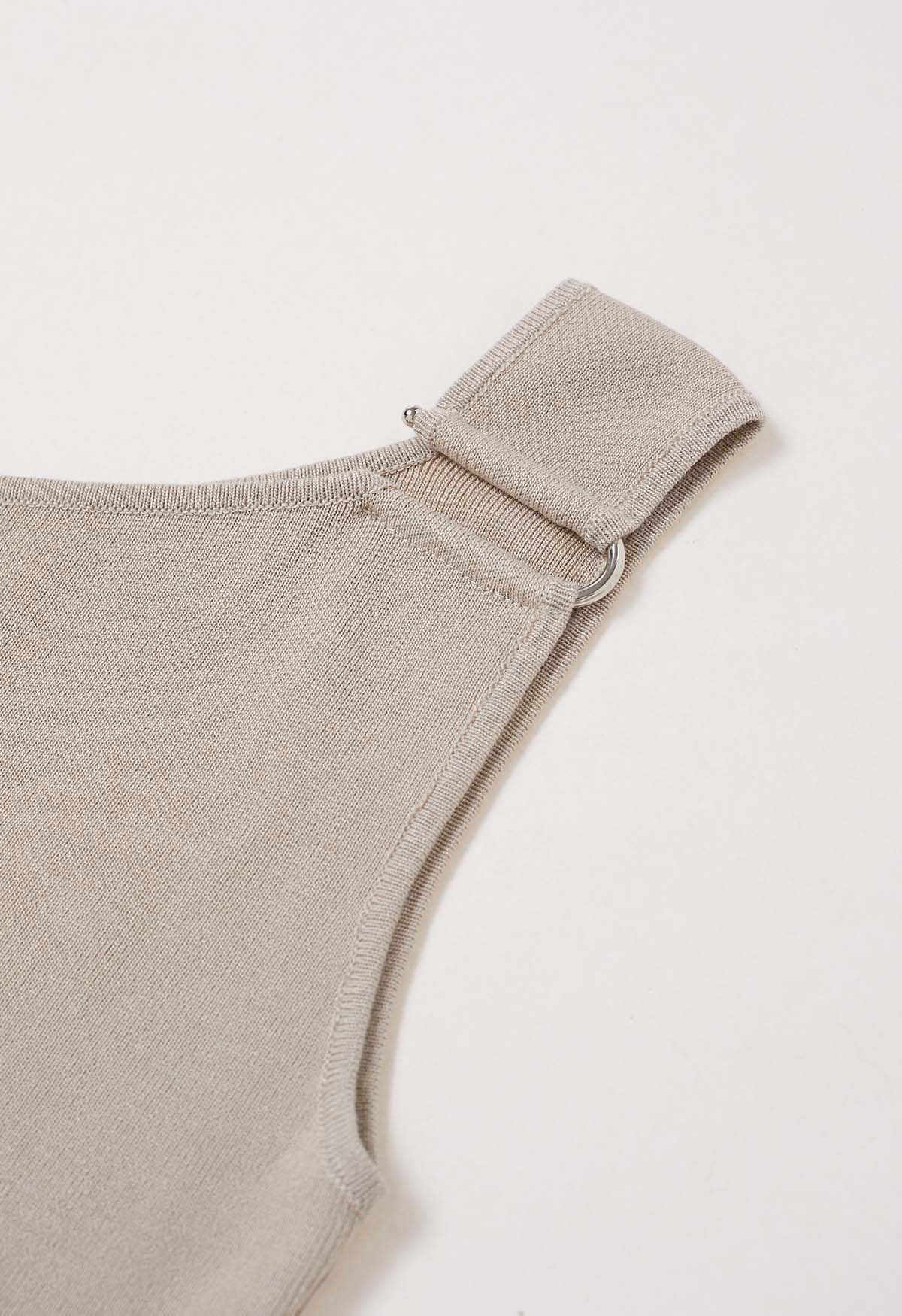 Haut en tricot à une épaule en forme de U à décor métallique en taupe