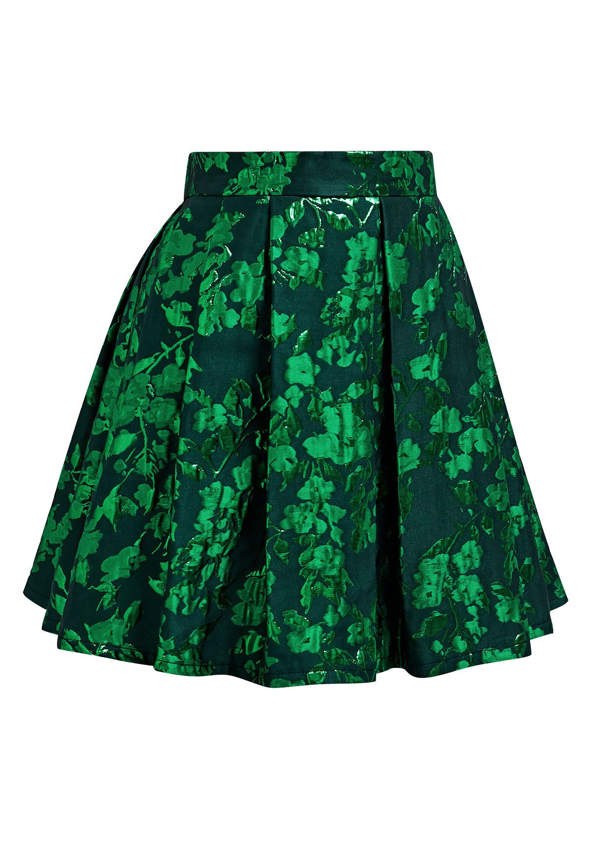 Mini-jupe plissée en jacquard floral vert