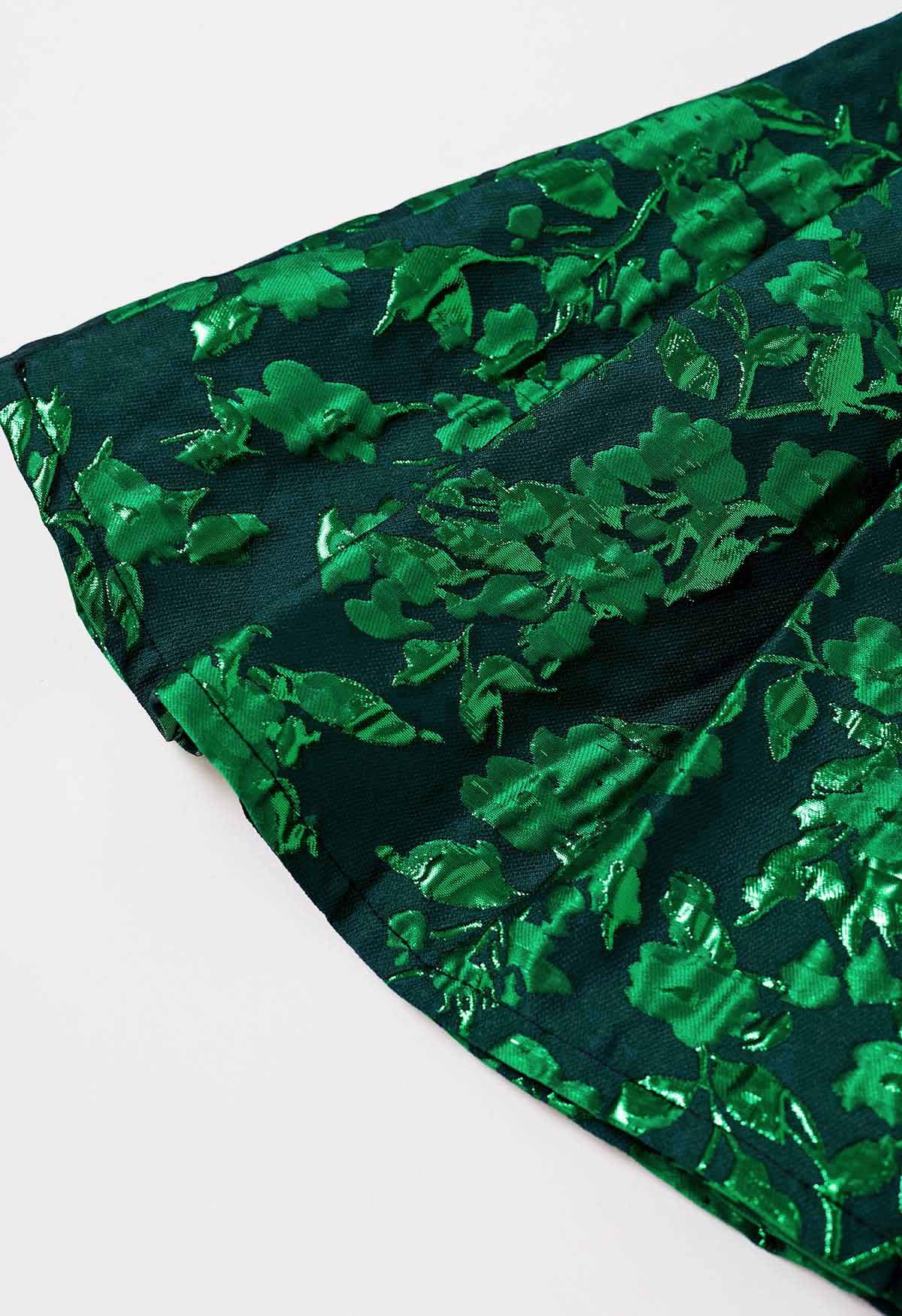 Mini-jupe plissée en jacquard floral vert