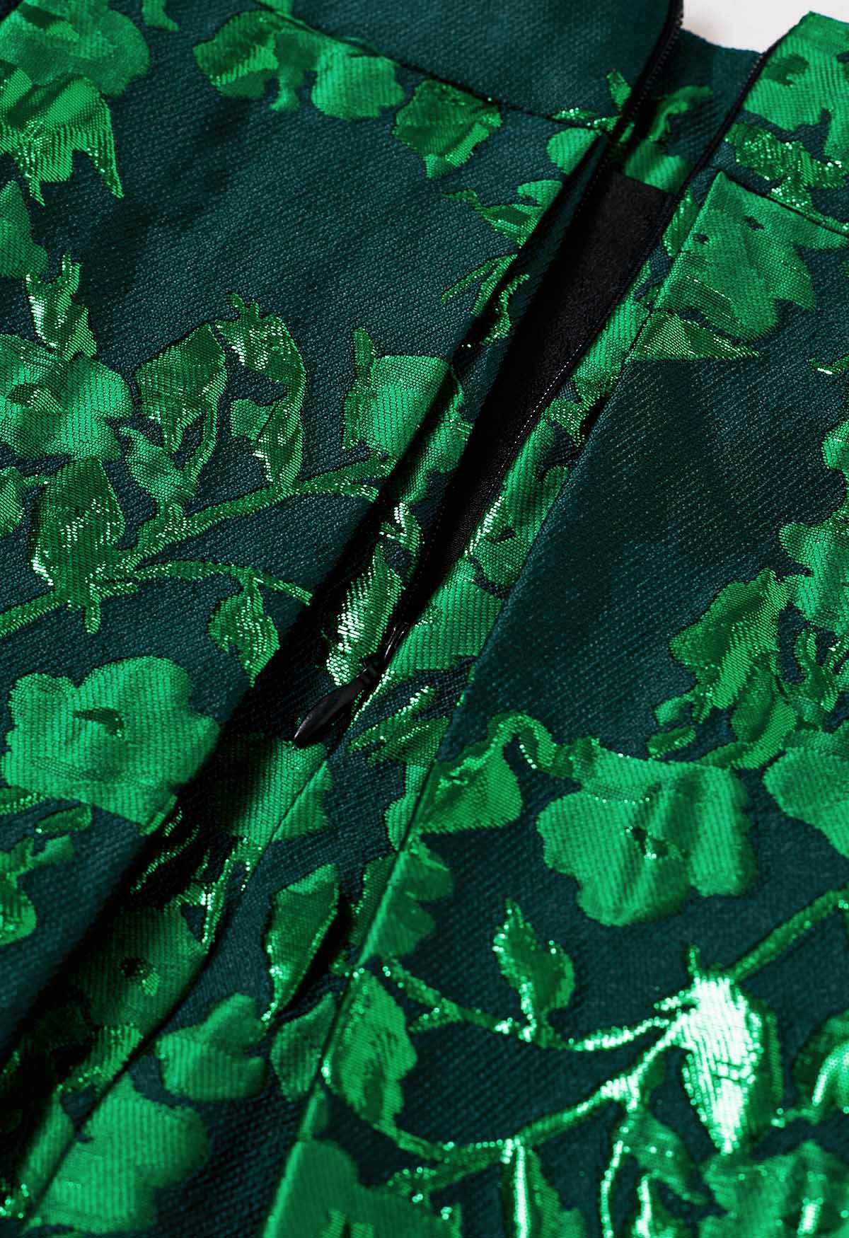 Mini-jupe plissée en jacquard floral vert