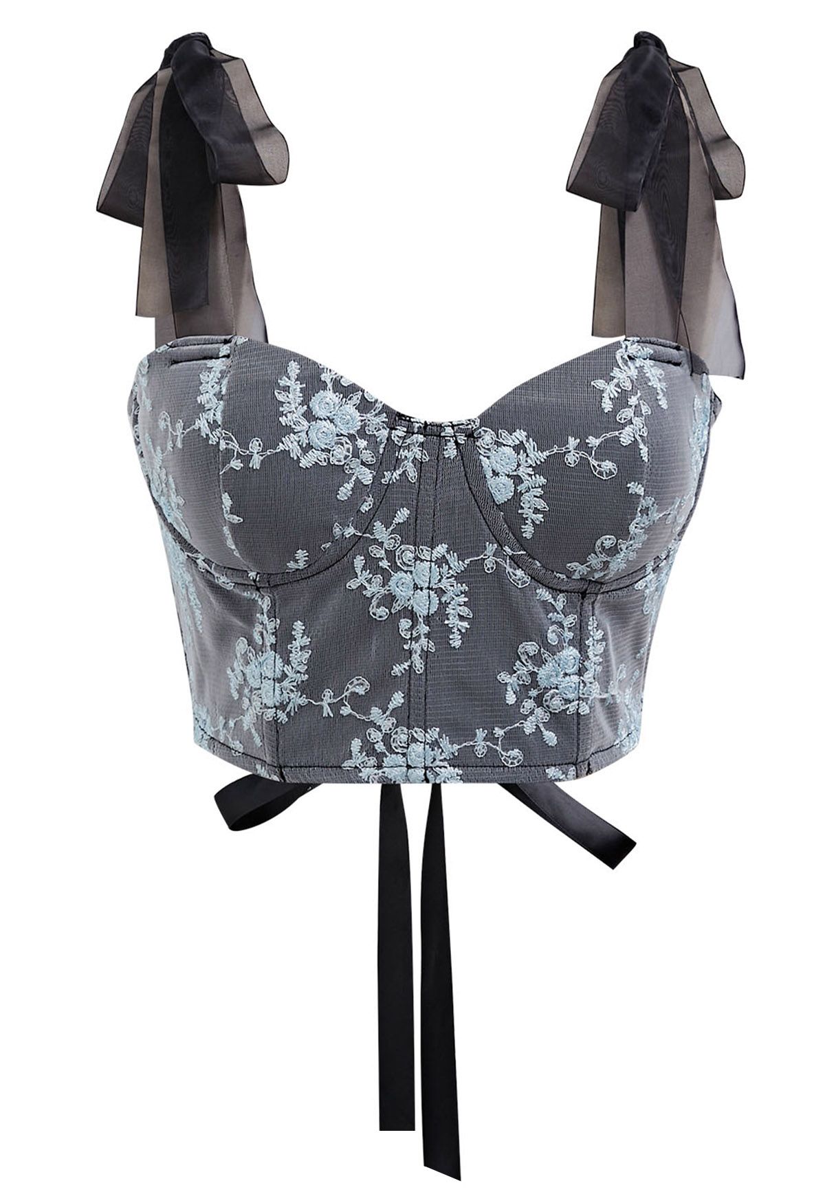 Haut bustier bleu fleuri brodé à bretelles nouées en fumée