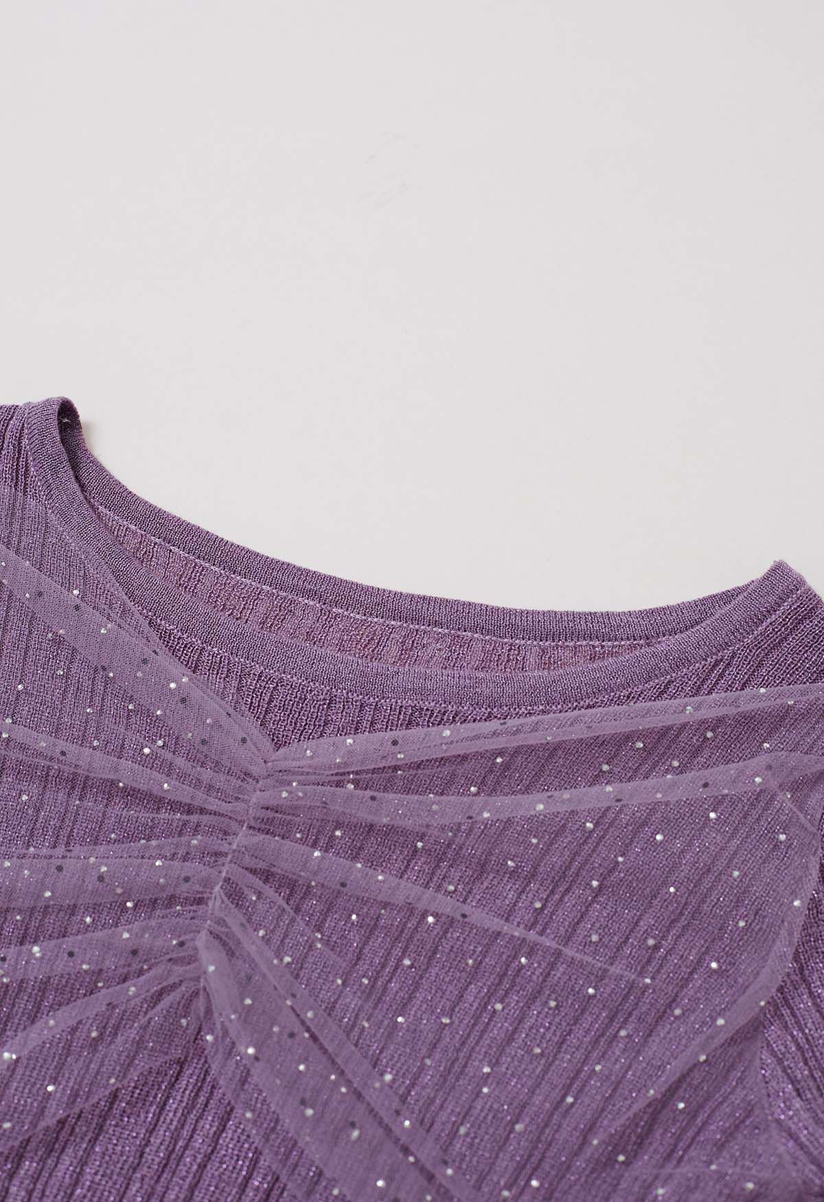 Haut en tricot épissé en maille à décor de strass en lilas