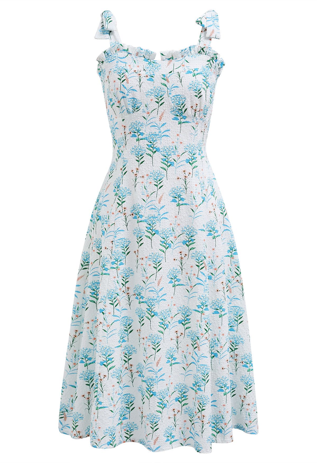 Robe midi bleue en relief à bretelles nouées et imprimé floral