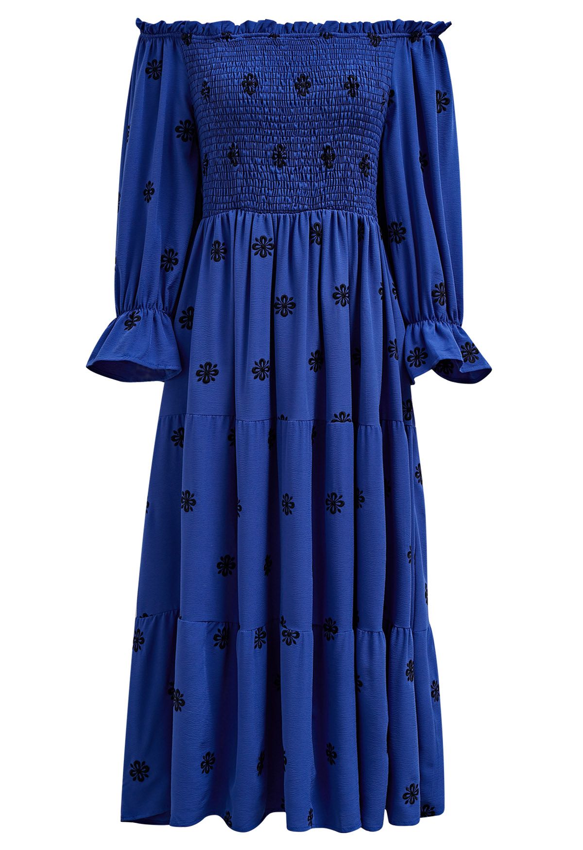 Robe midi froncée noire à broderies florales en bleu marine