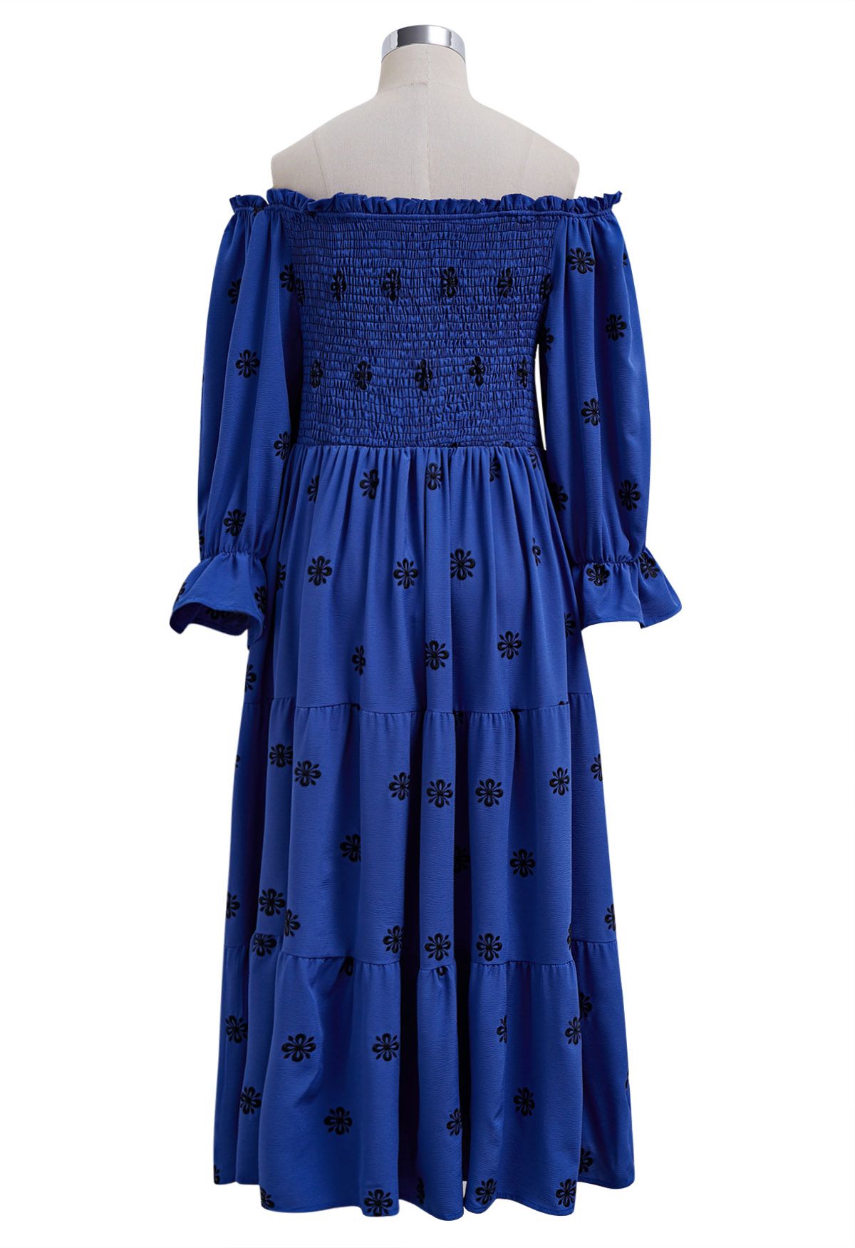 Robe midi froncée noire à broderies florales en bleu marine