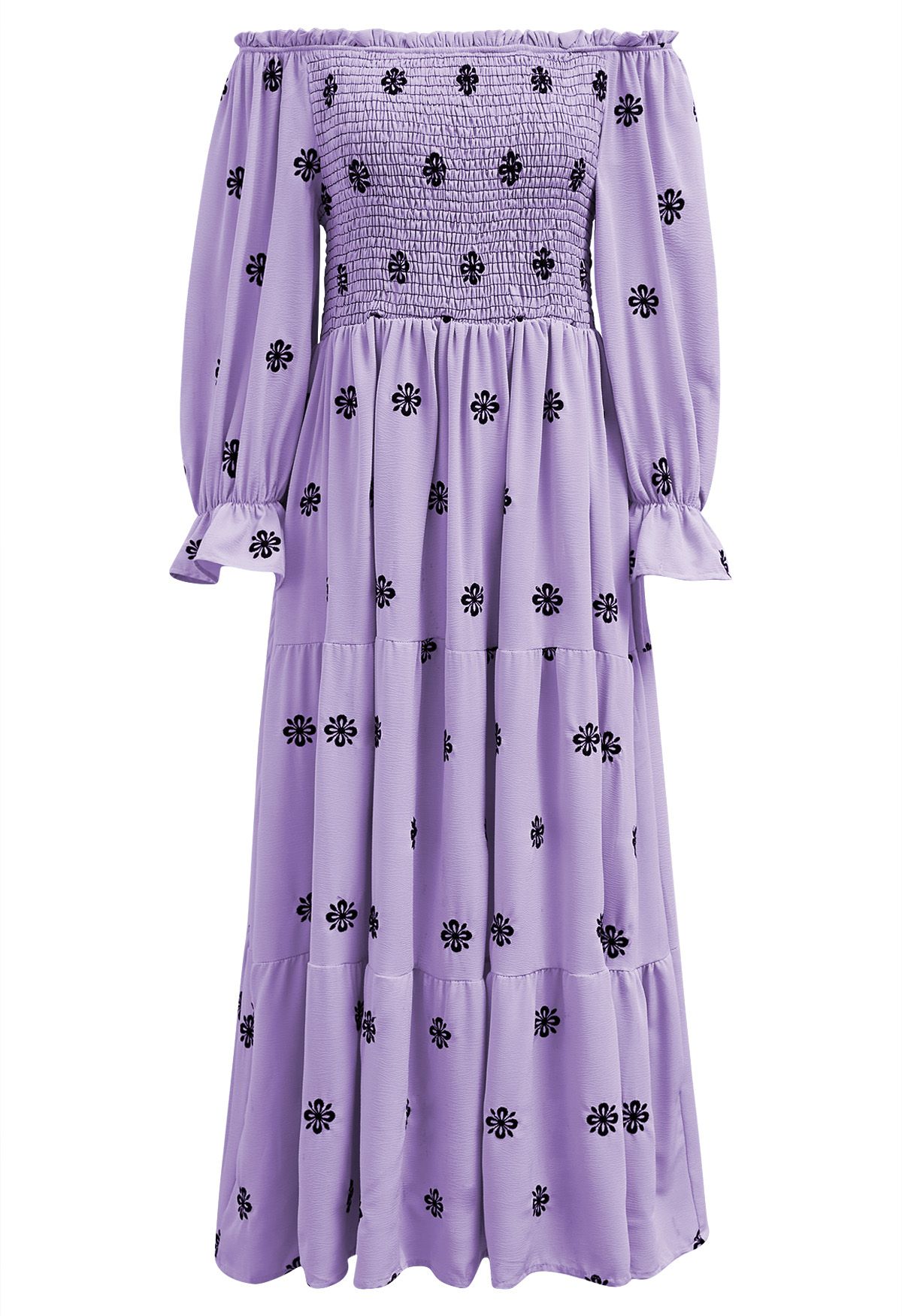 Robe midi froncée noire à broderie florale en lilas