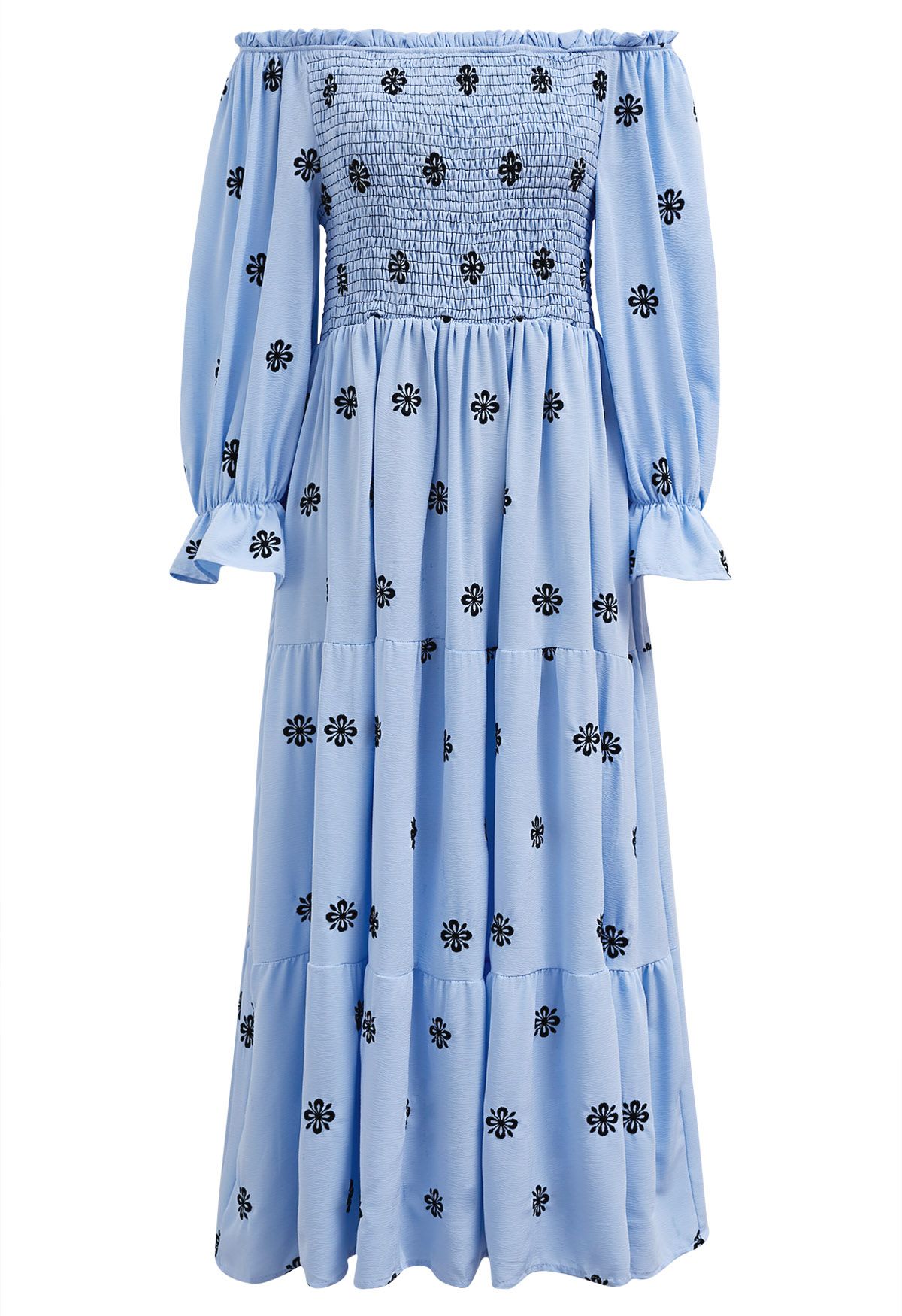 Robe midi froncée noire à broderies florales en bleu