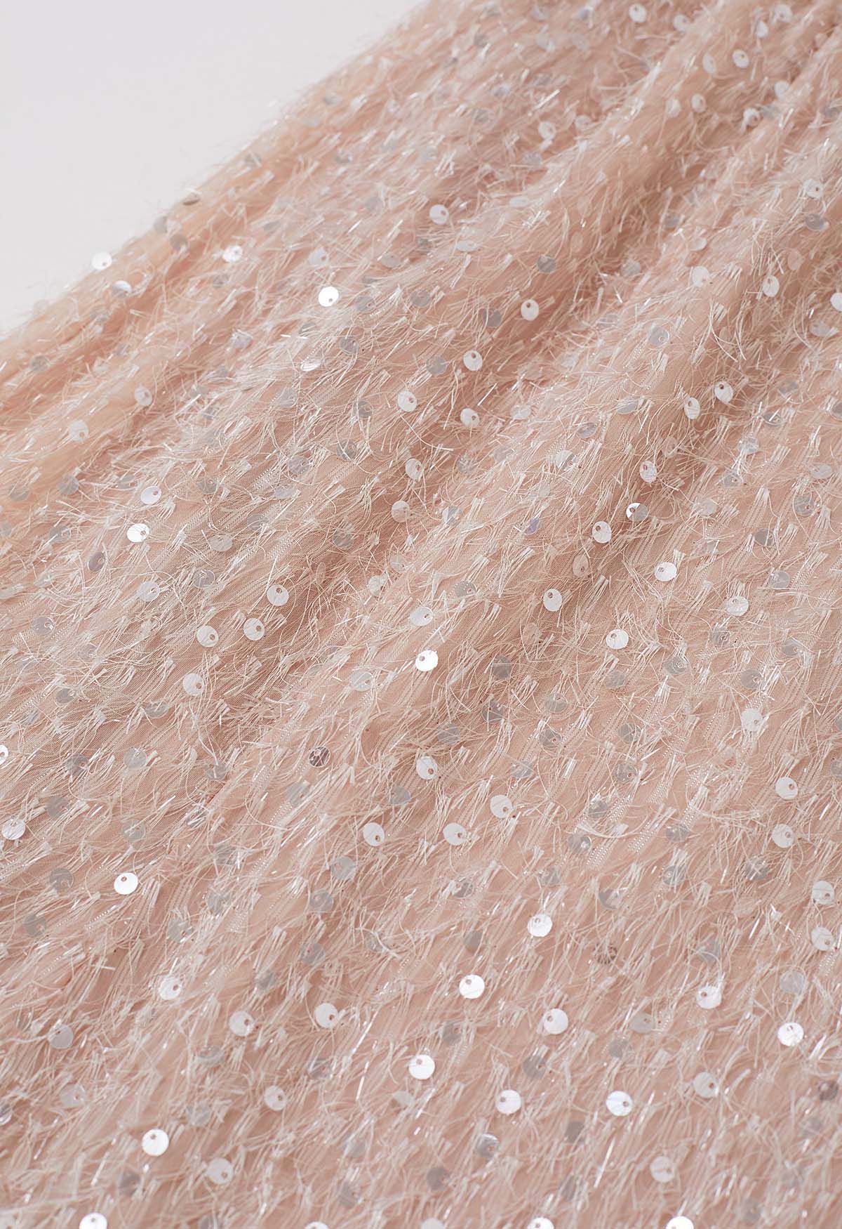 Jupe mi-longue à franges scintillantes et sequins en rose clair