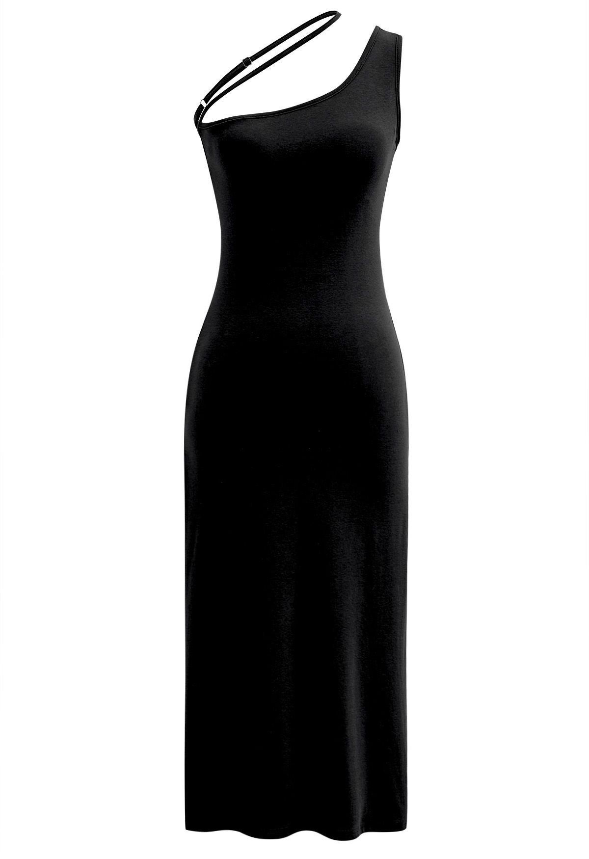 Robe mi-longue moulante oblique à une épaule en noir