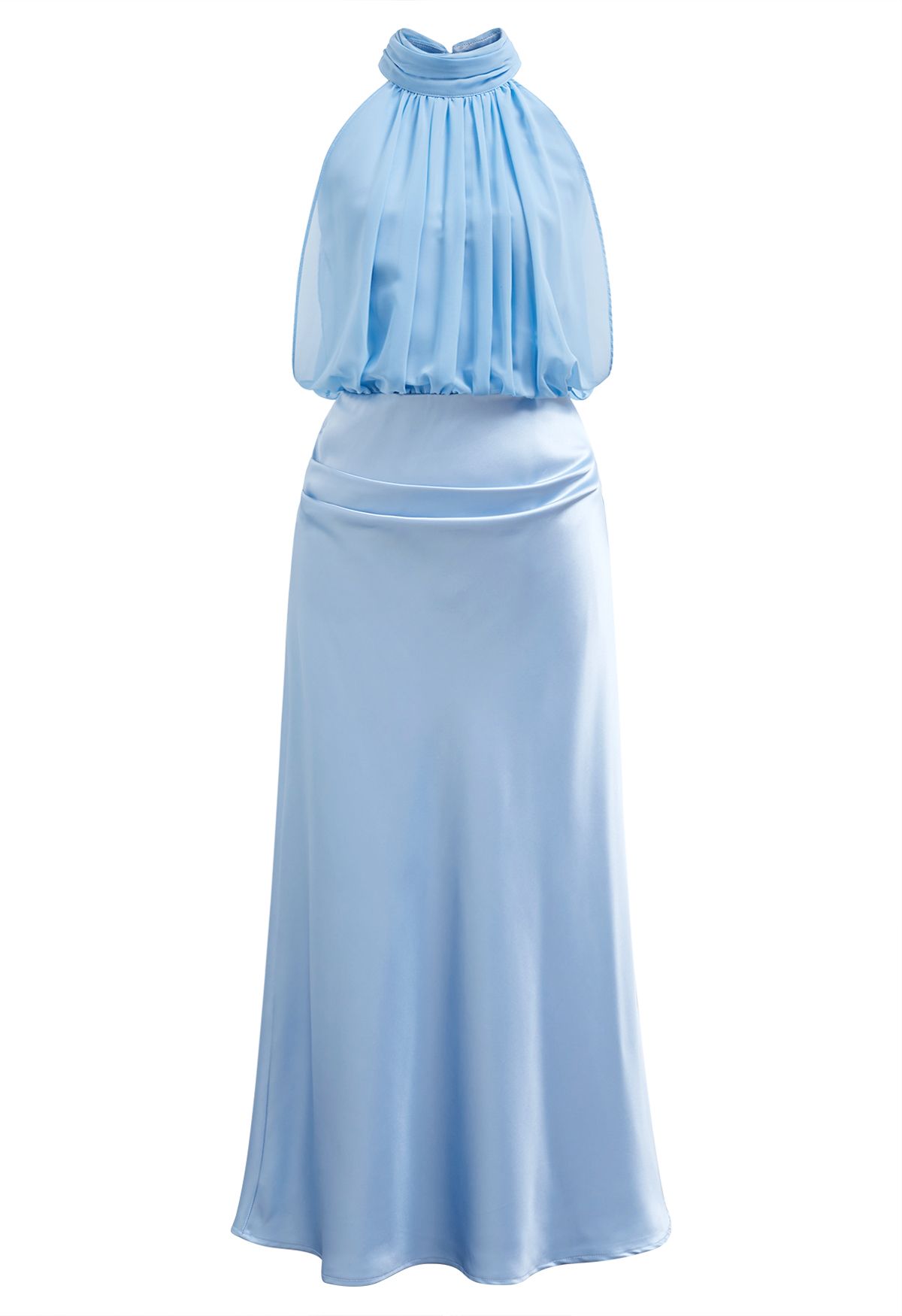 Robe gracieuse en satin épissé en mousseline de soie à col licou en bleu