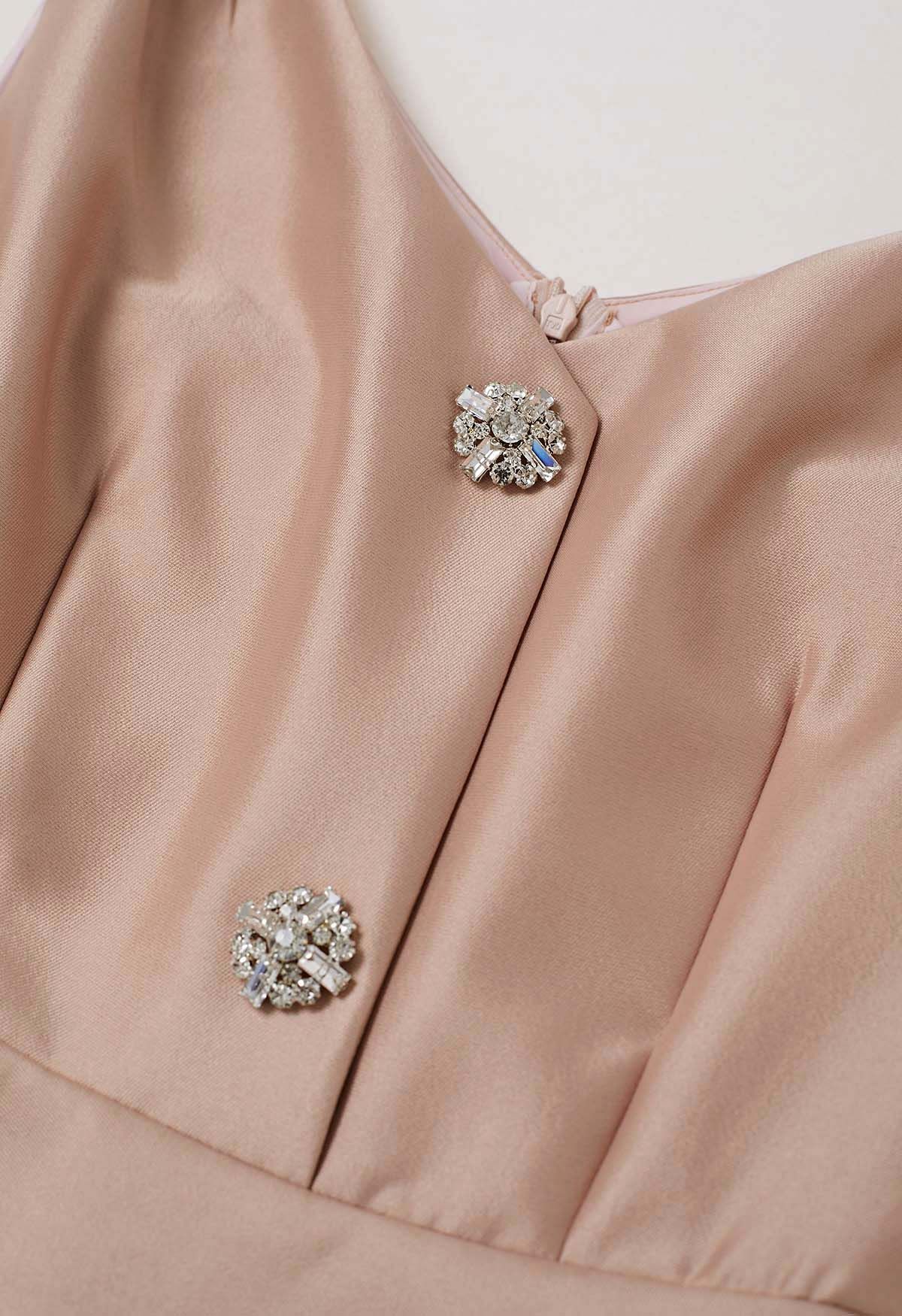 Robe mi-longue boutonnée en zircon avec épaules et nœud en corail