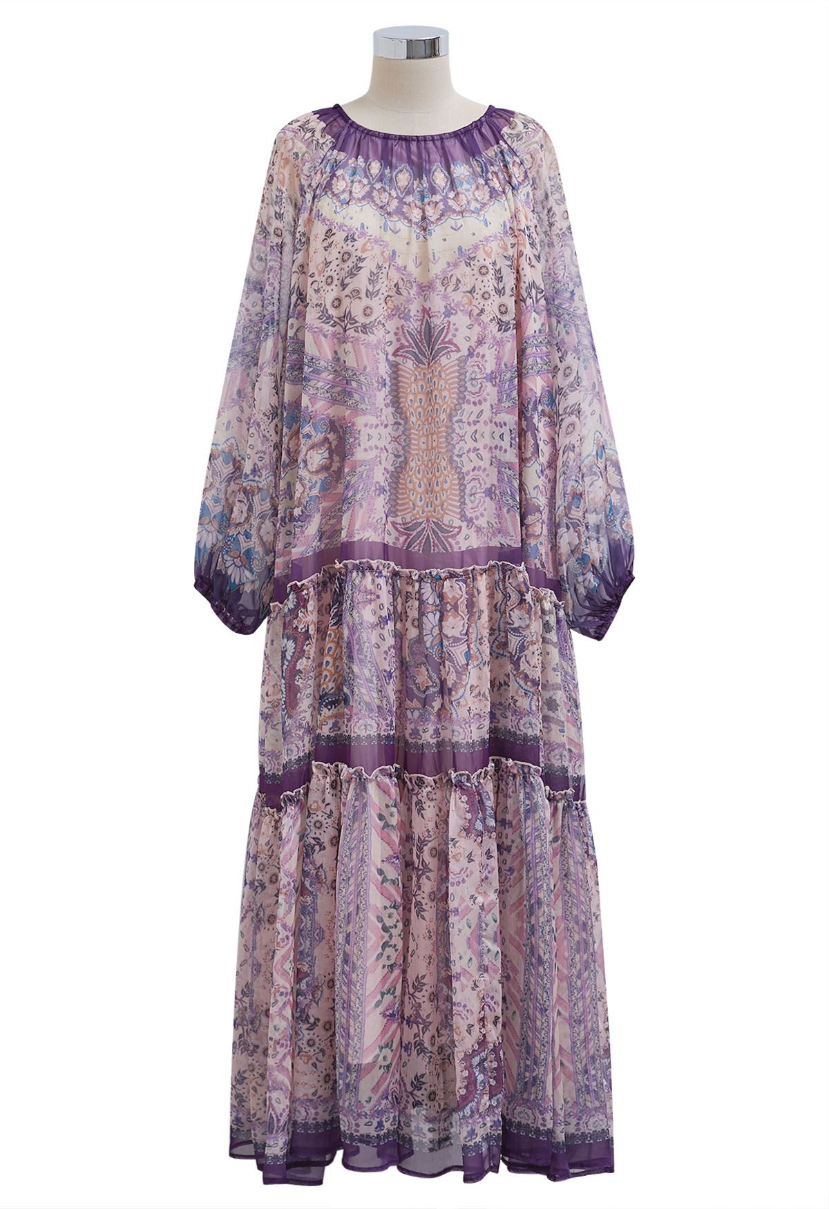 Mystic Garden - Robe longue à volants et manches bulles en violet