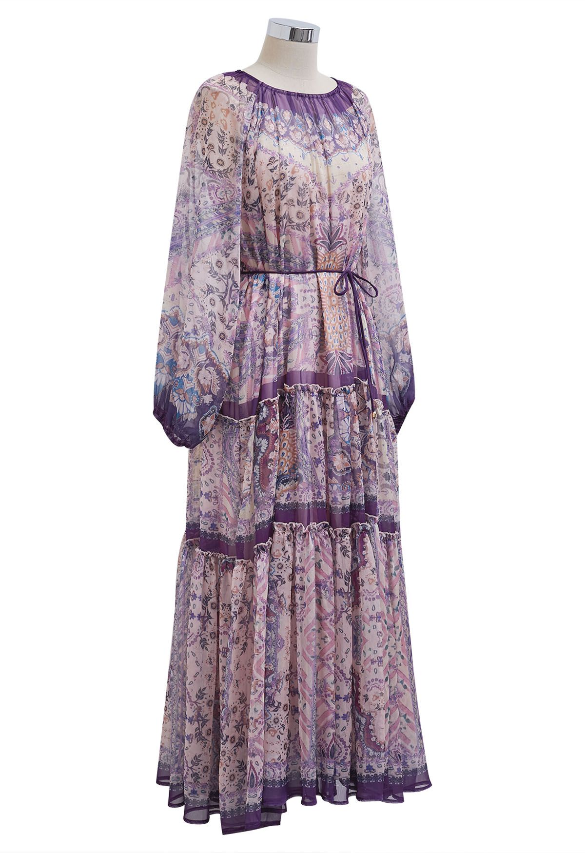 Mystic Garden - Robe longue à volants et manches bulles en violet