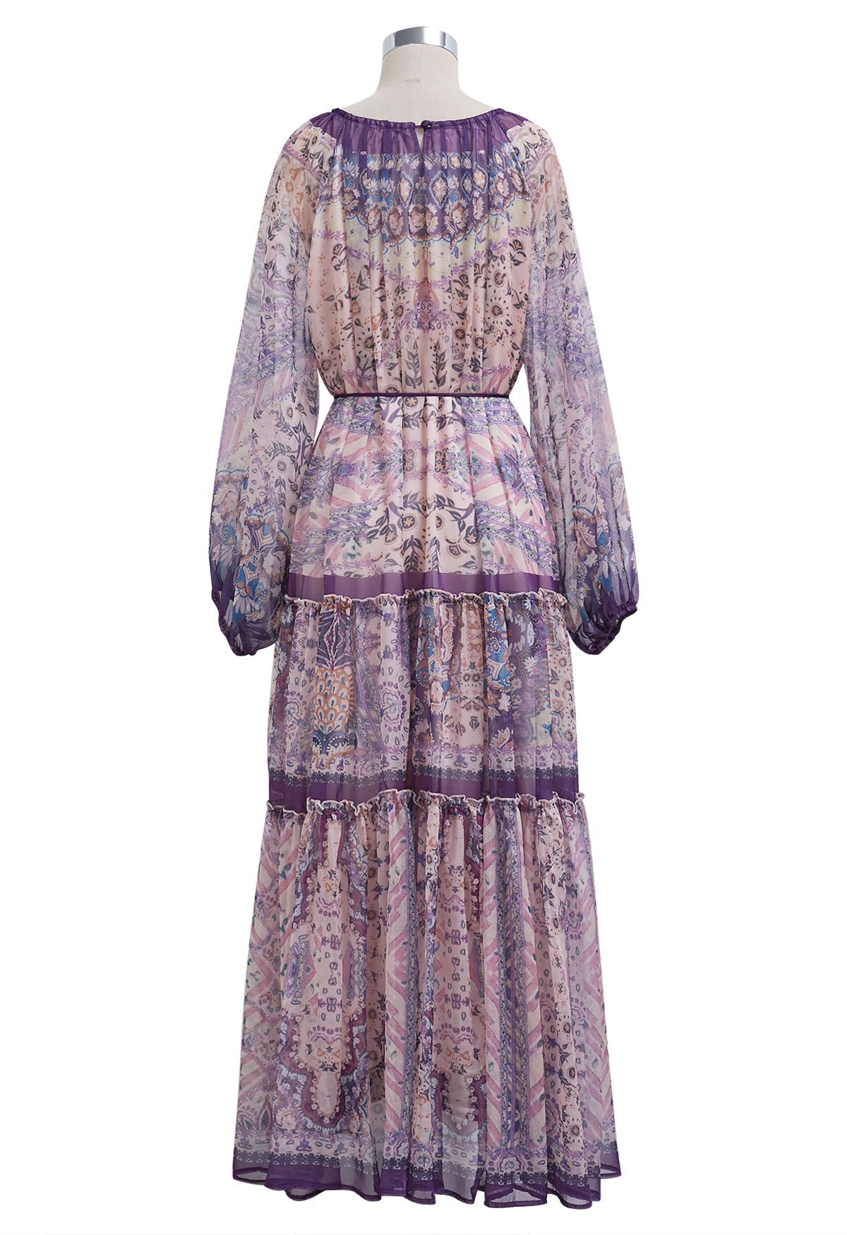 Mystic Garden - Robe longue à volants et manches bulles en violet