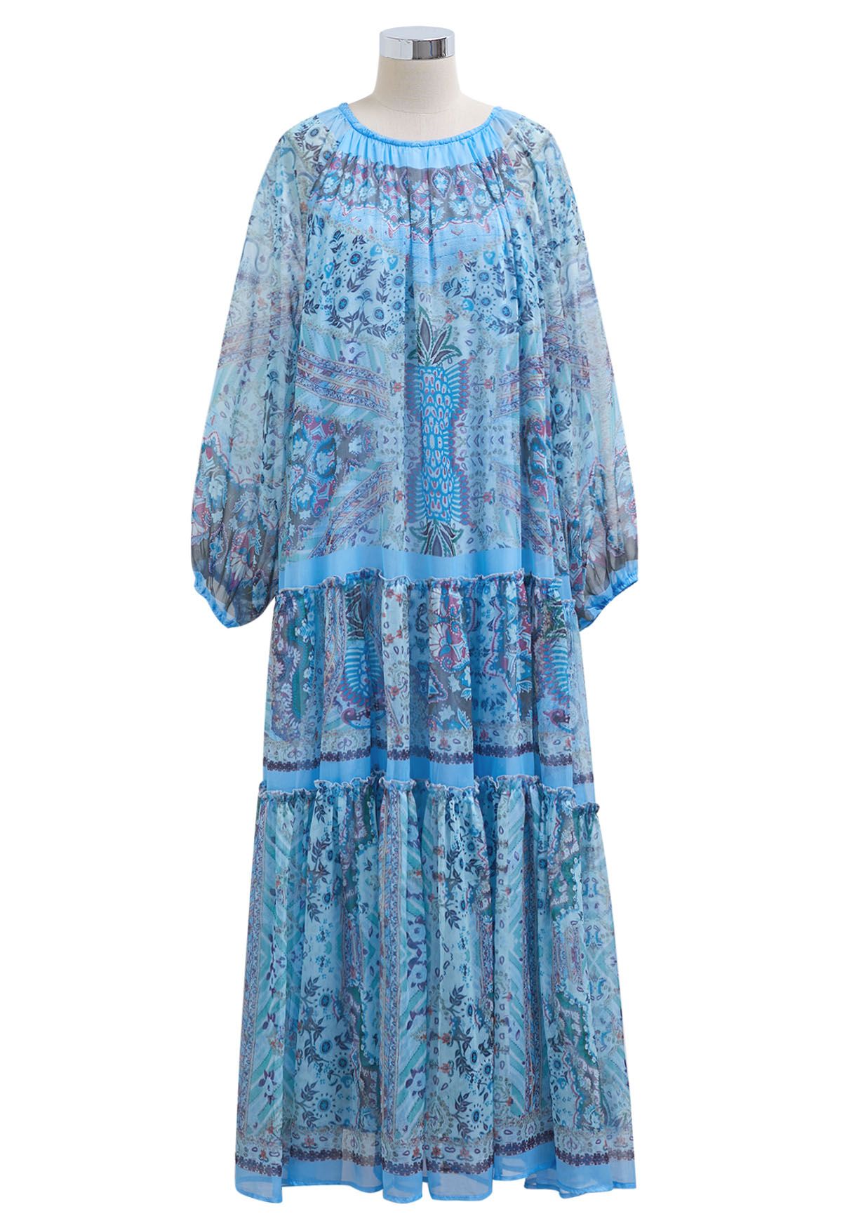 Mystic Garden - Robe longue à volants et manches bouffantes en bleu