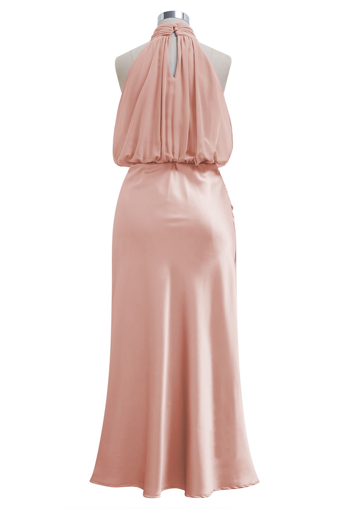 Robe gracieuse en satin épissé en mousseline de soie à col licou en rose