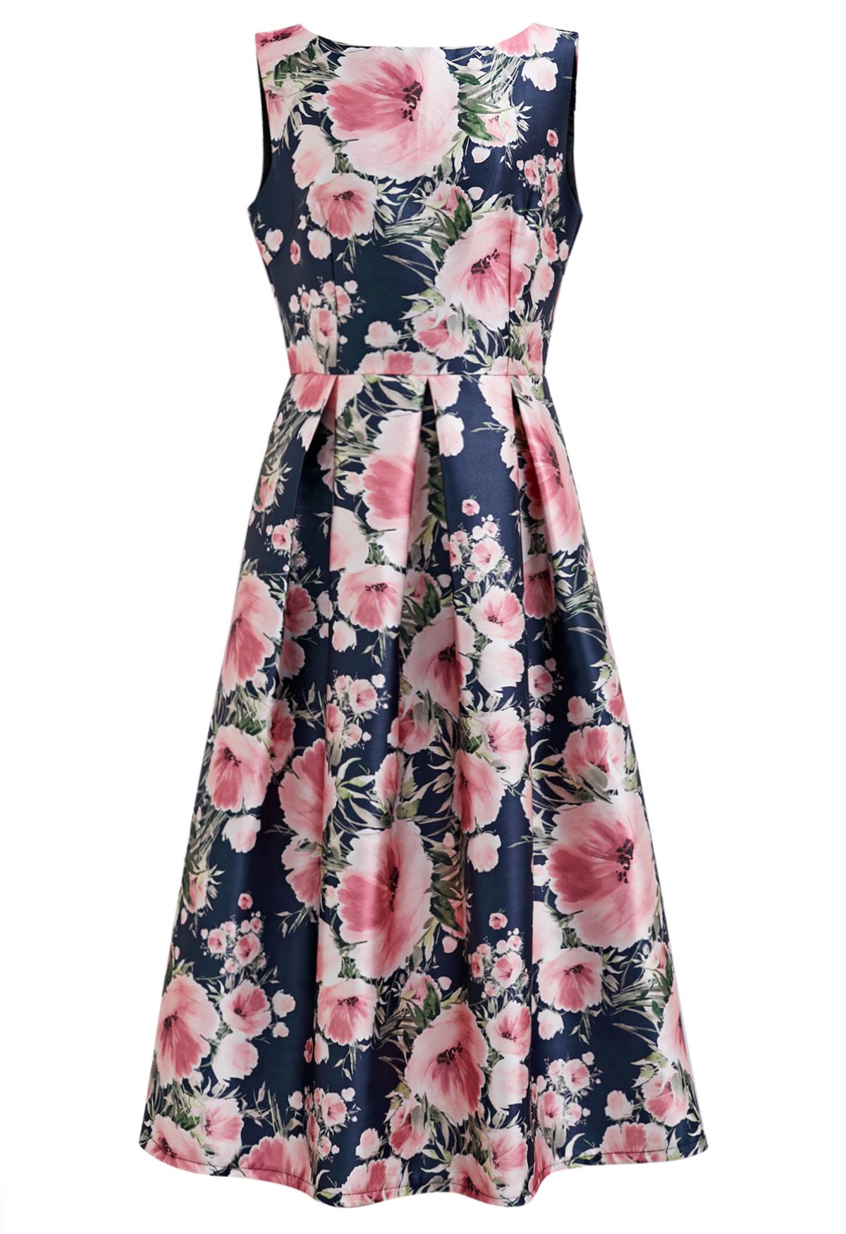 Robe mi-longue sans manches Graceful Blossom en bleu marine