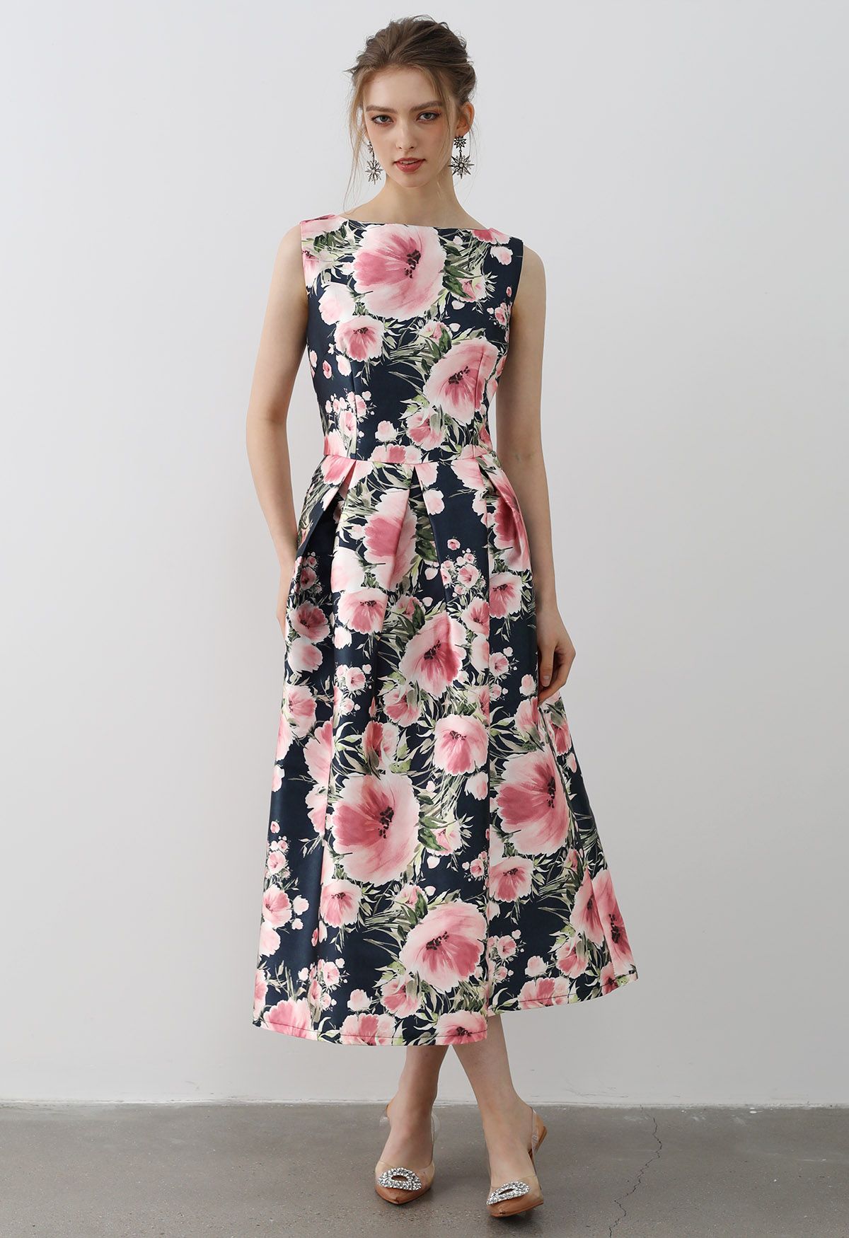 Robe mi-longue sans manches Graceful Blossom en bleu marine