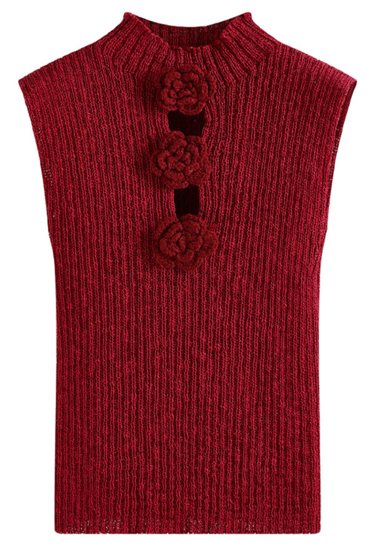 Haut en tricot sans manches à fleurs au crochet 3D en rouge