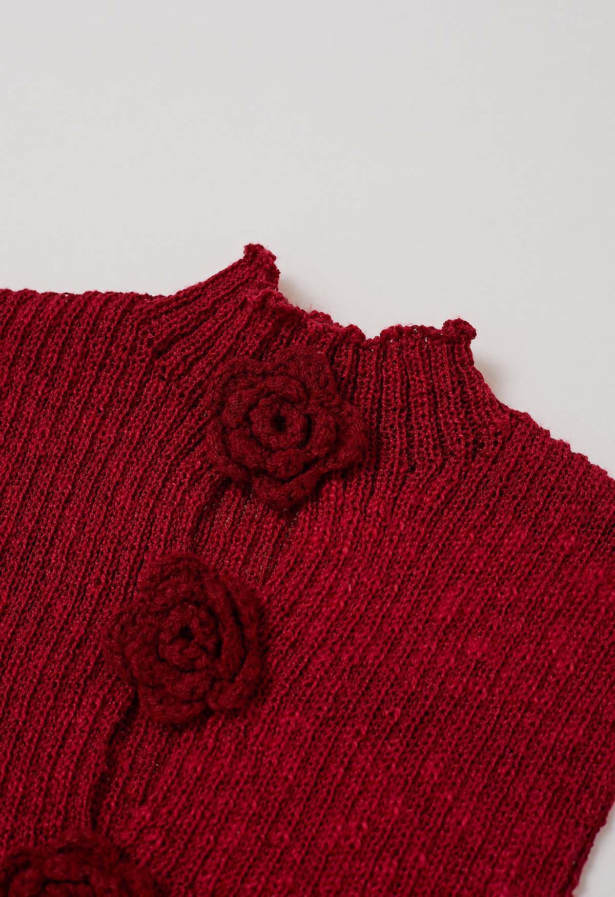 Haut en tricot sans manches à fleurs au crochet 3D en rouge