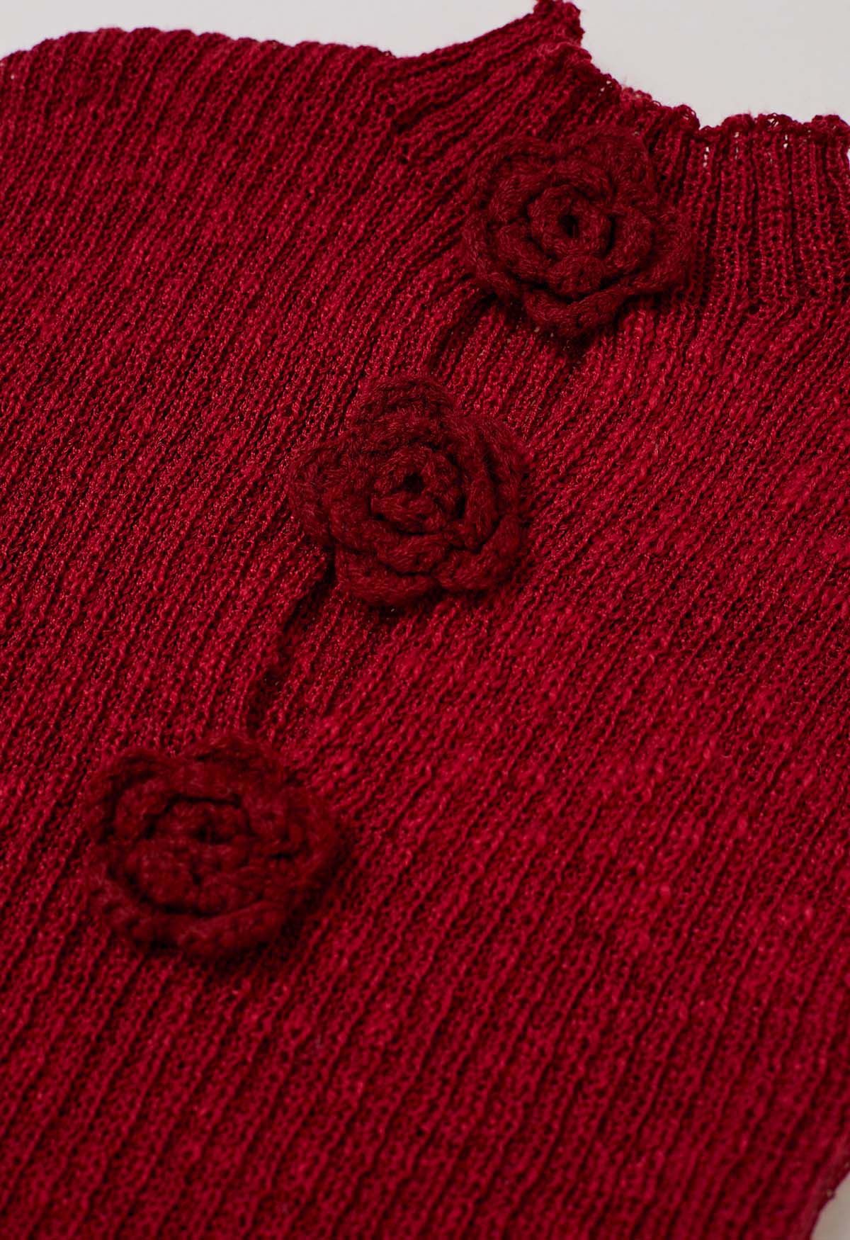 Haut en tricot sans manches à fleurs au crochet 3D en rouge