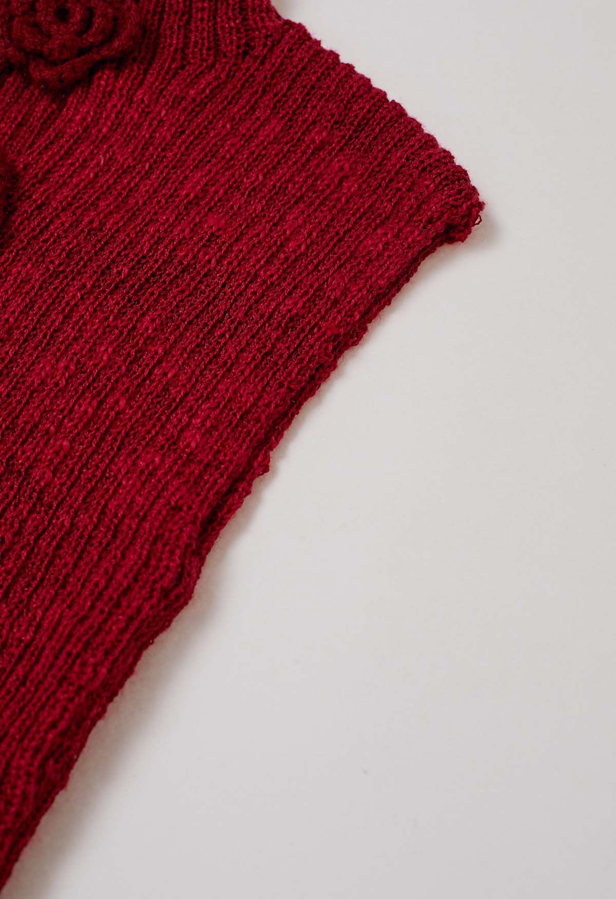 Haut en tricot sans manches à fleurs au crochet 3D en rouge