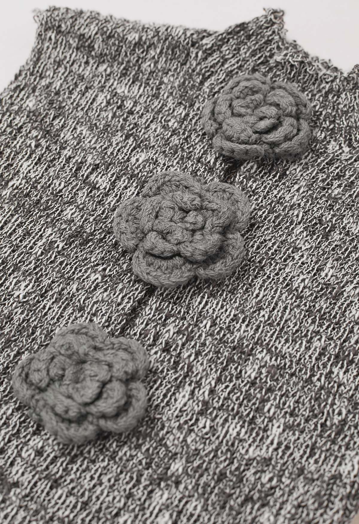 Haut en tricot sans manches à fleurs au crochet 3D en gris