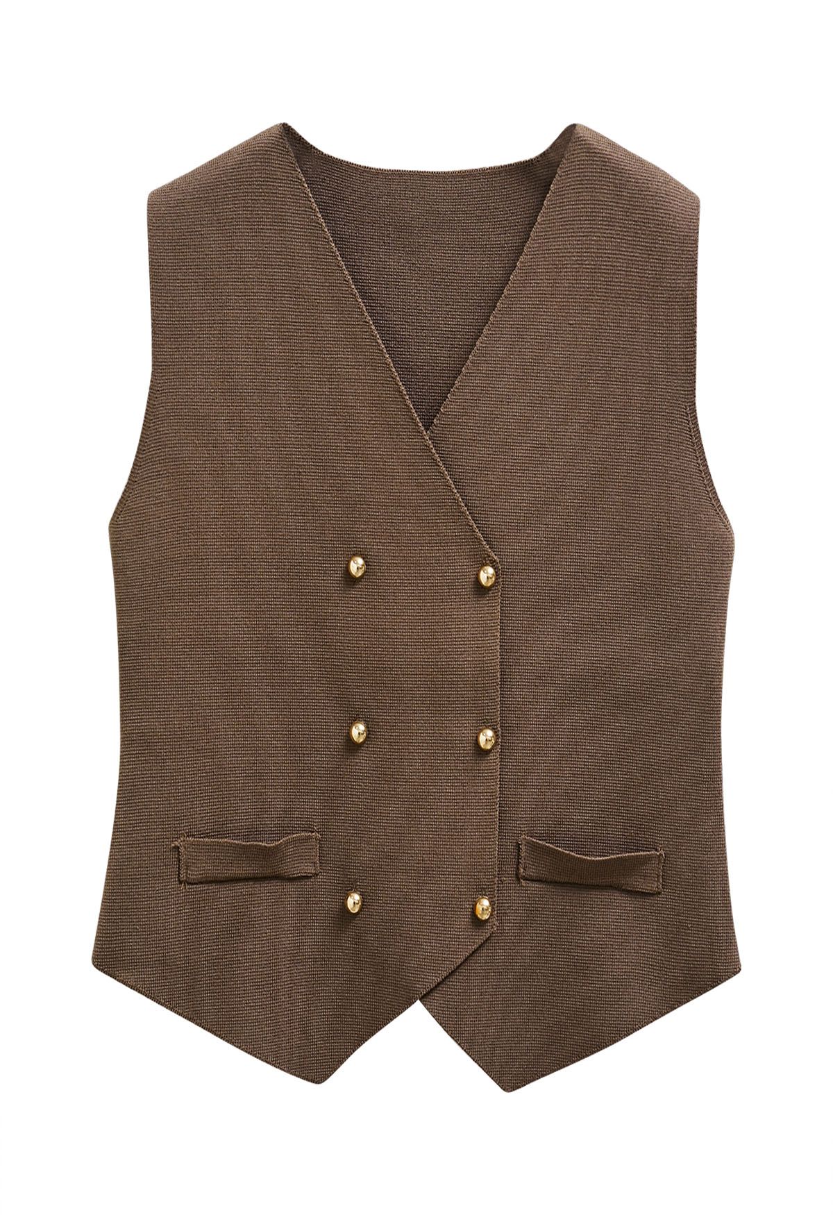 Gilet en tricot à double boutonnage et ourlet asymétrique en marron