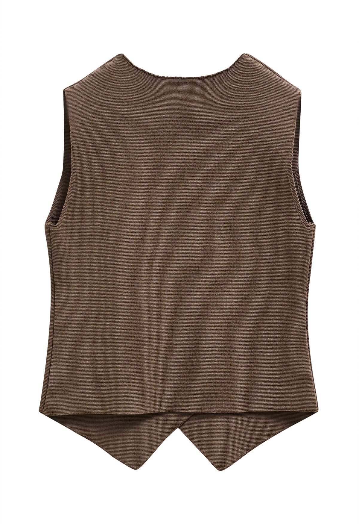 Gilet en tricot à double boutonnage et ourlet asymétrique en marron