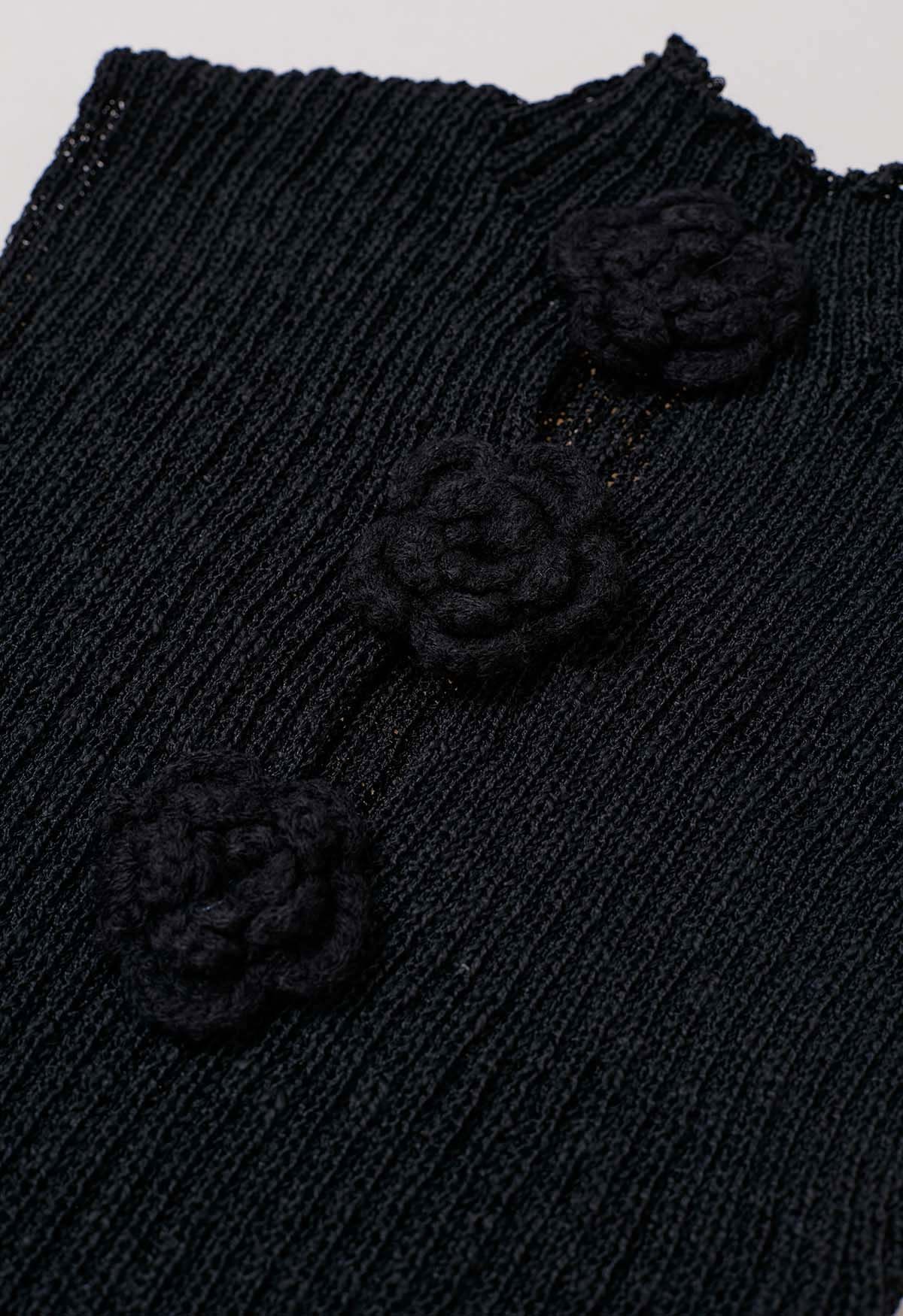 Haut en tricot sans manches à fleurs au crochet 3D en noir