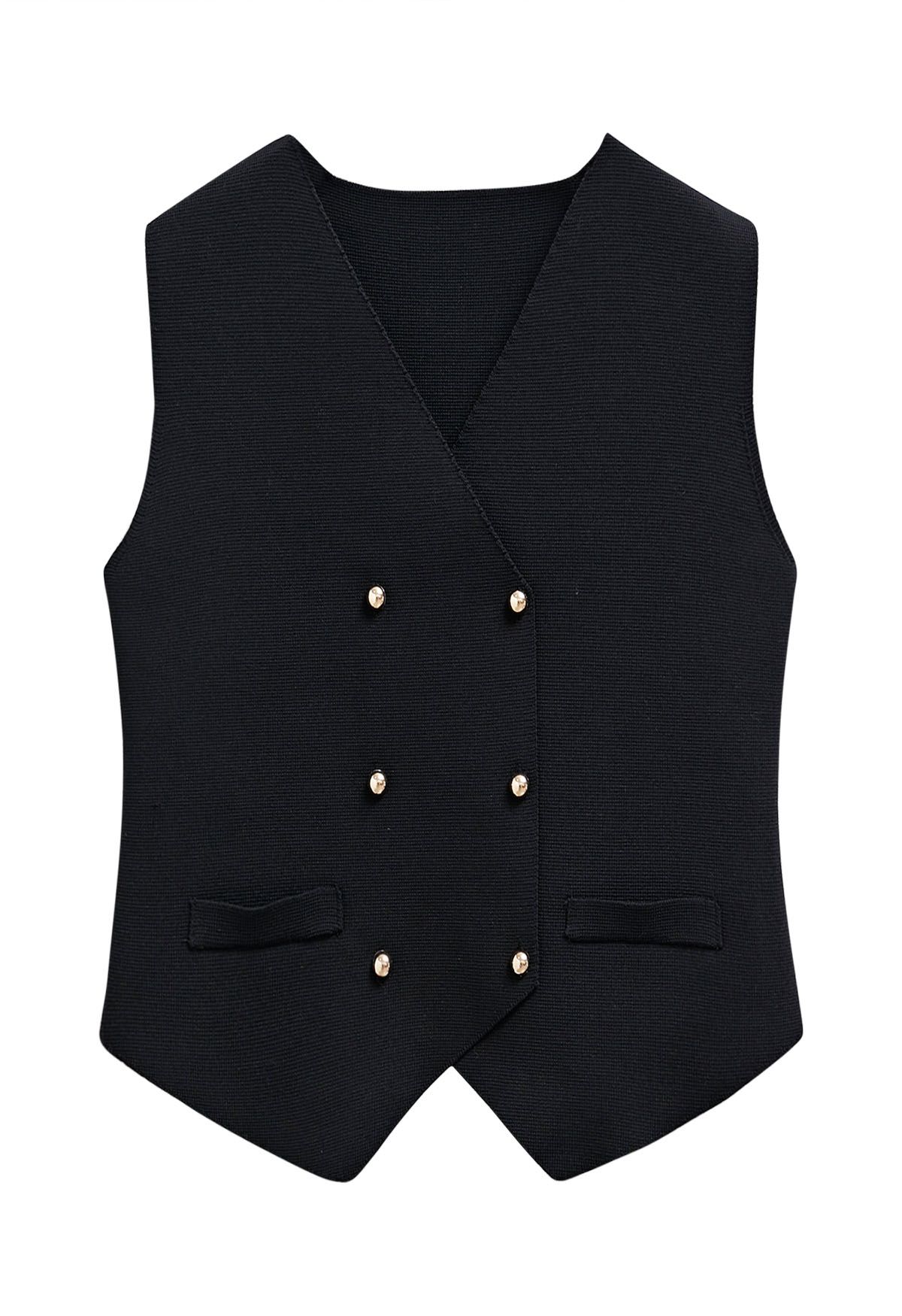 Gilet en tricot à double boutonnage et ourlet asymétrique en noir