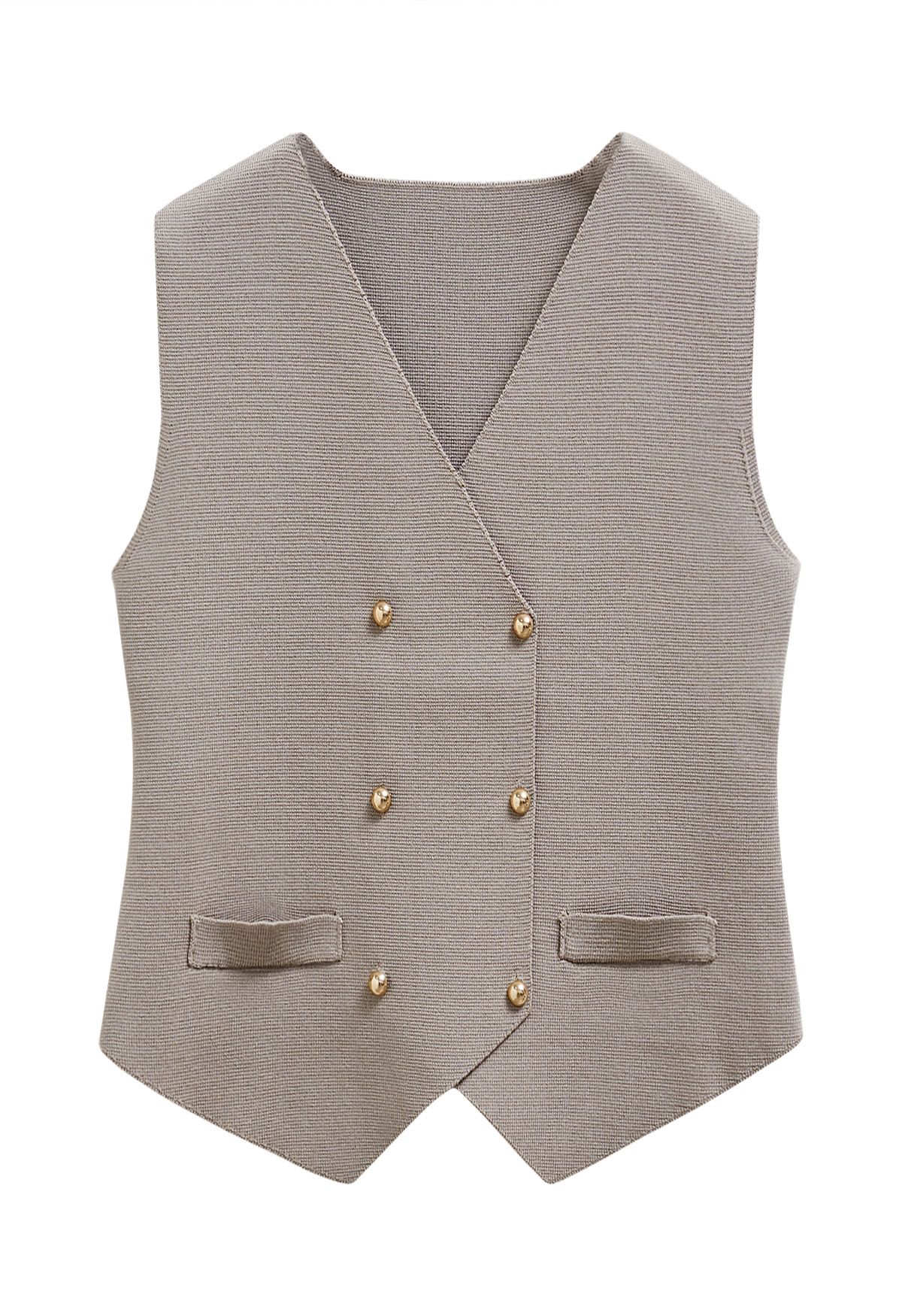 Gilet en tricot à double boutonnage et ourlet asymétrique en taupe