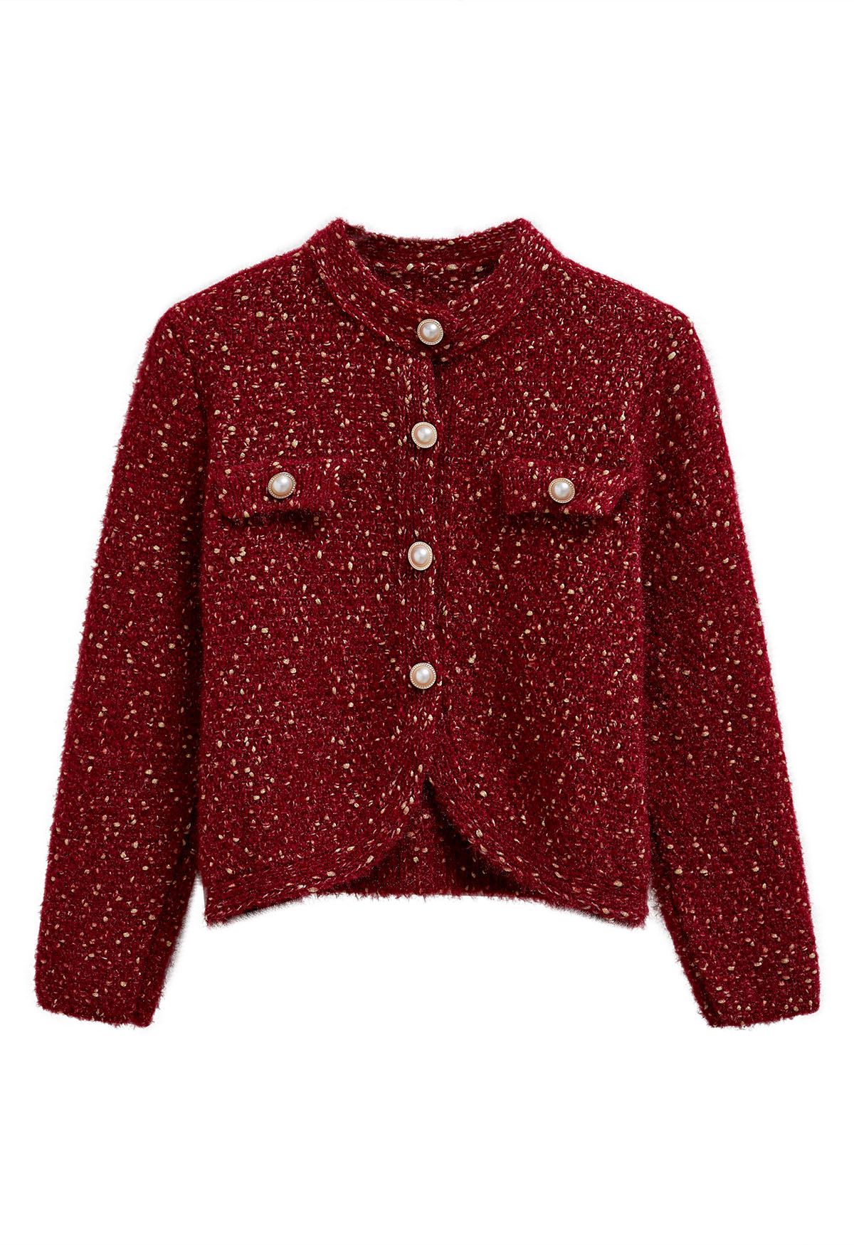 Cardigan boutonné en tricot mélangé pelucheux en rouge