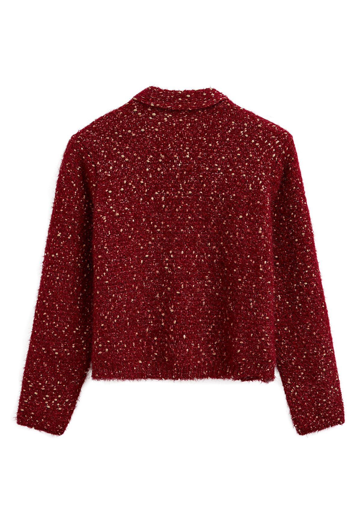 Cardigan boutonné en tricot mélangé pelucheux en rouge