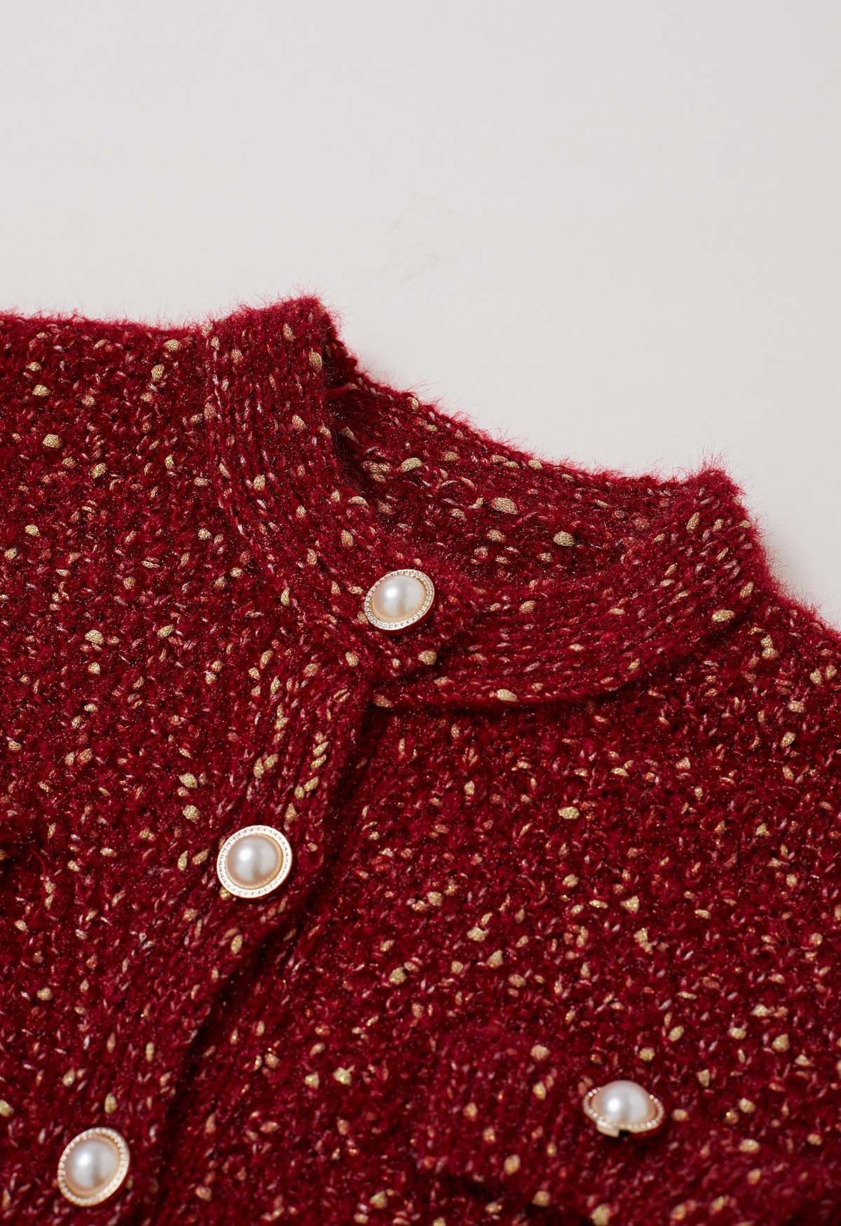 Cardigan boutonné en tricot mélangé pelucheux en rouge