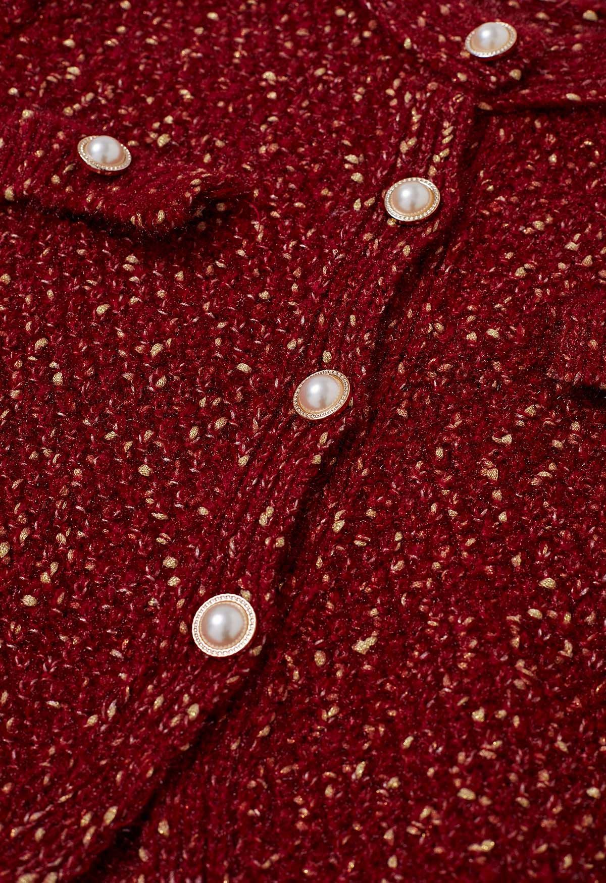 Cardigan boutonné en tricot mélangé pelucheux en rouge