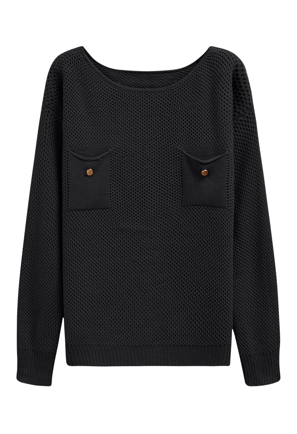 Pull en tricot gaufré boutonné avec poche plaquée en noir