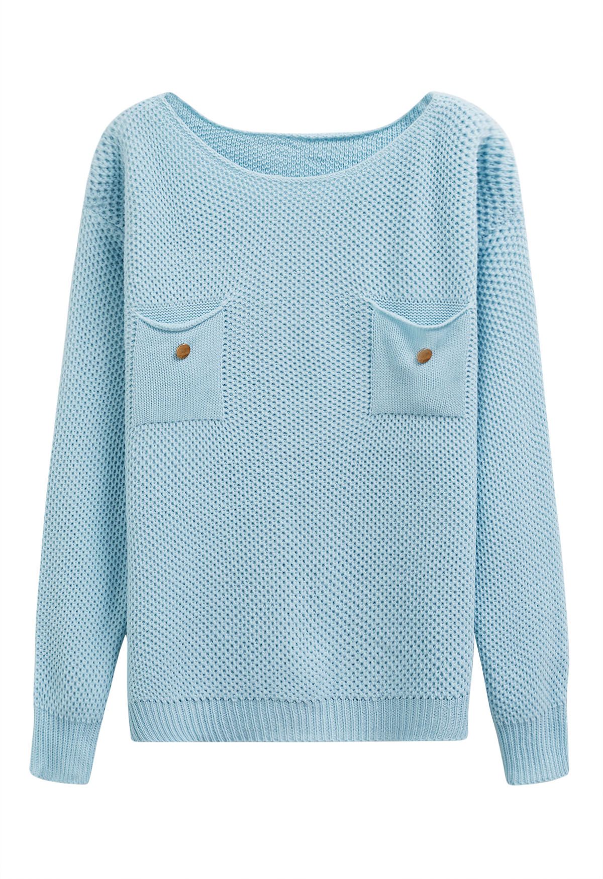 Pull en tricot gaufré boutonné avec poche plaquée en bleu bébé