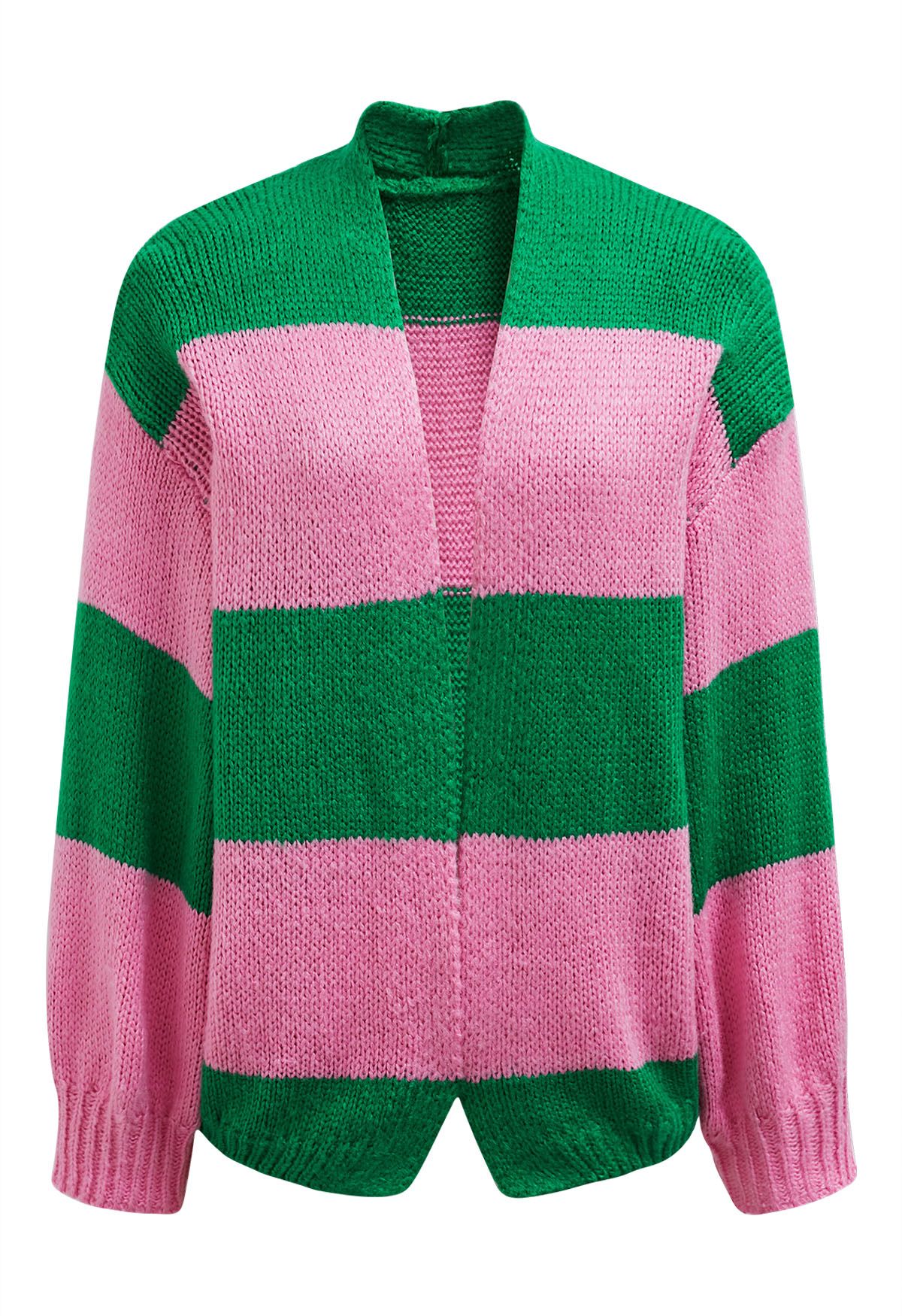 Cardigan en tricot rayé à blocs de couleurs ouvert sur le devant en vert