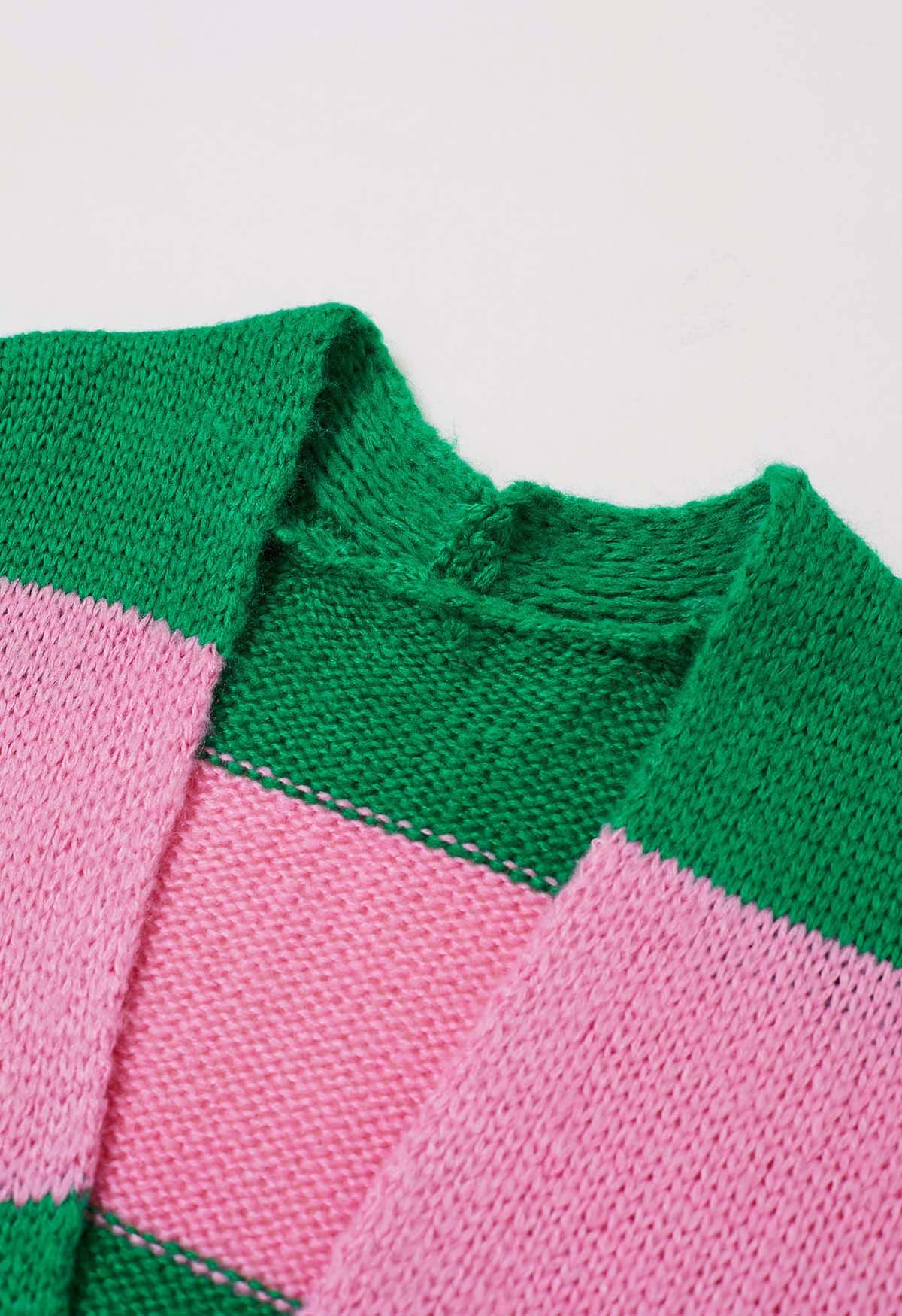 Cardigan en tricot rayé à blocs de couleurs ouvert sur le devant en vert