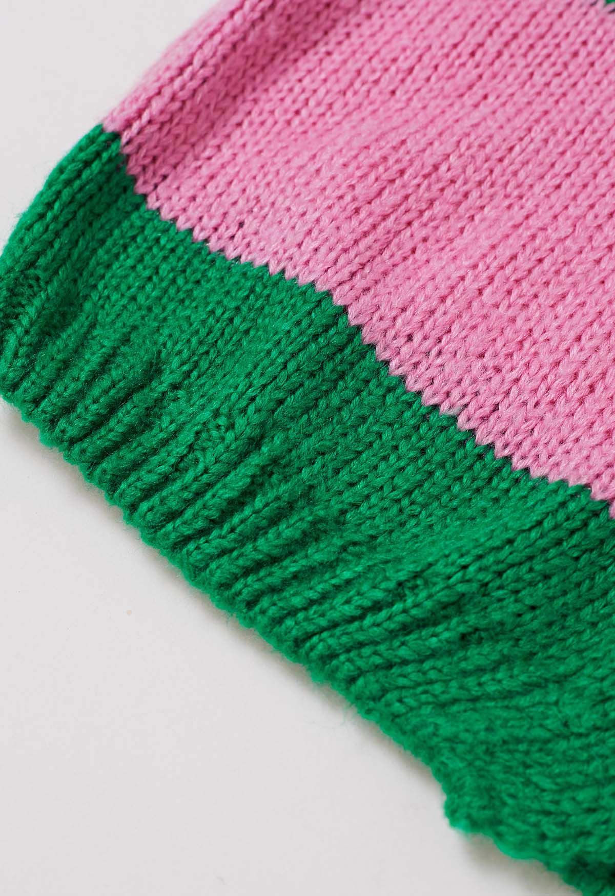 Cardigan en tricot rayé à blocs de couleurs ouvert sur le devant en vert