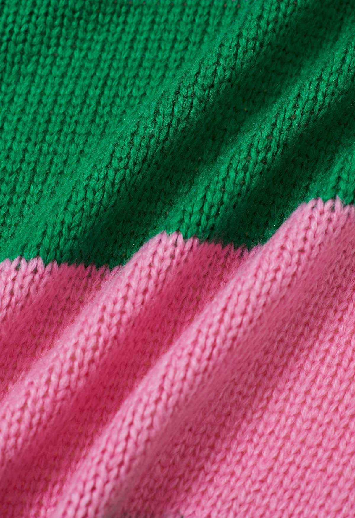 Cardigan en tricot rayé à blocs de couleurs ouvert sur le devant en vert